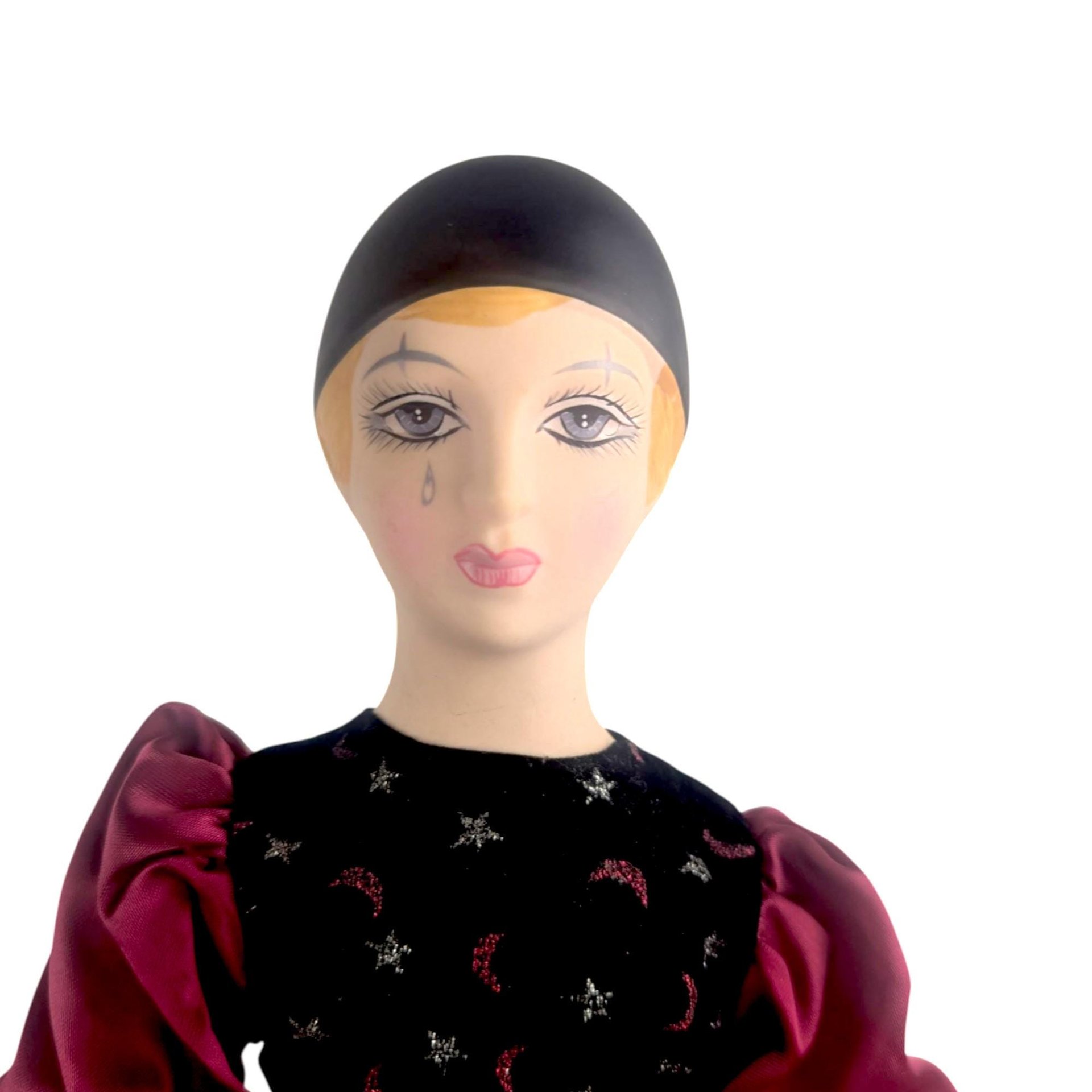 Vintage 18" Harlequin Red and Black Pierrot Doll
