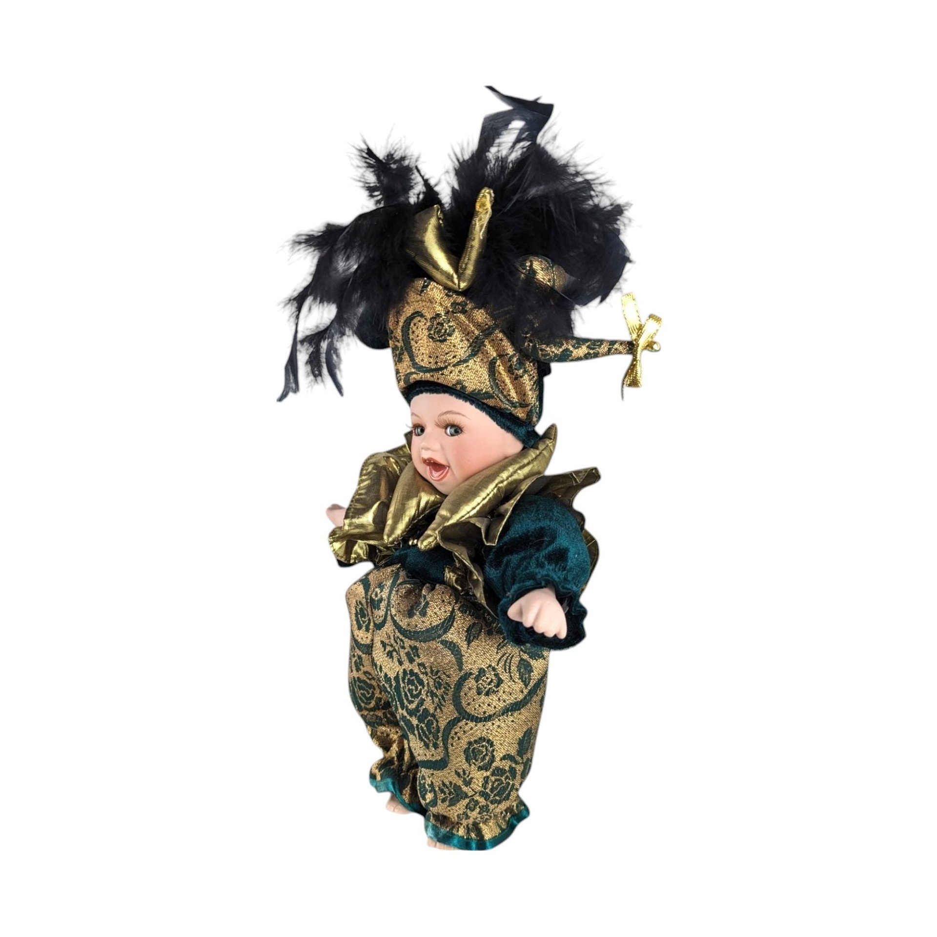 Vintage 12" Porcelain Green and Gold Mardi Gras Jester