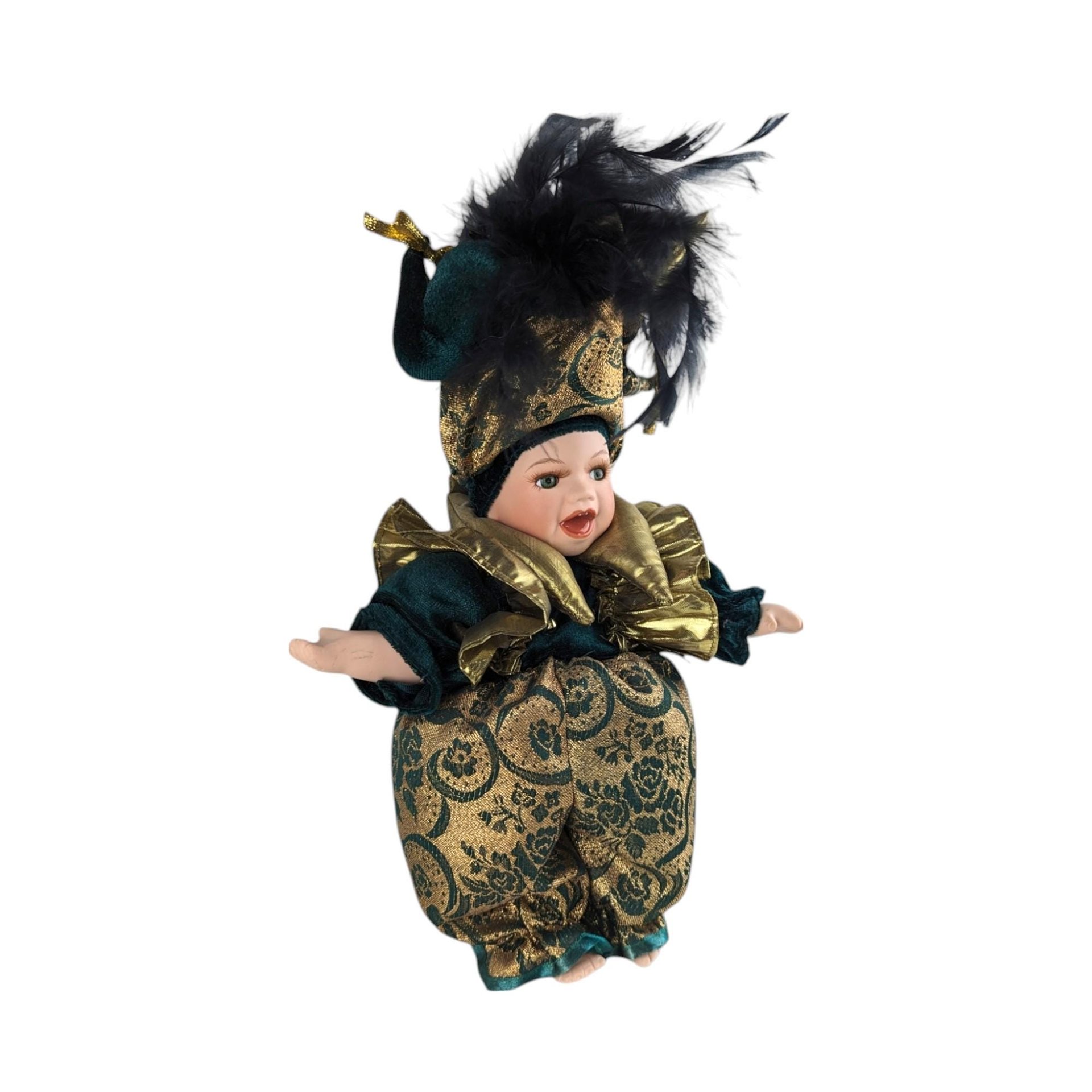 Vintage 12" Porcelain Green and Gold Mardi Gras Jester