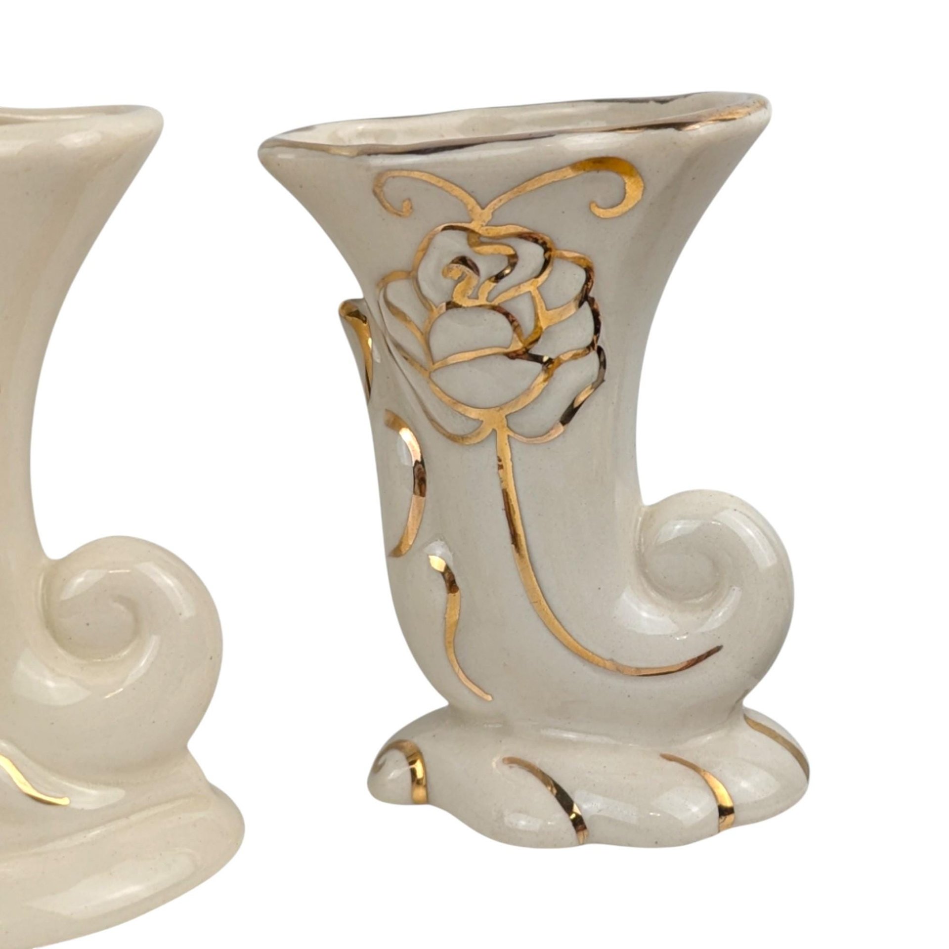 Vintage Cream Cornucopia Vase Set: Rose & Gold Bud Vases