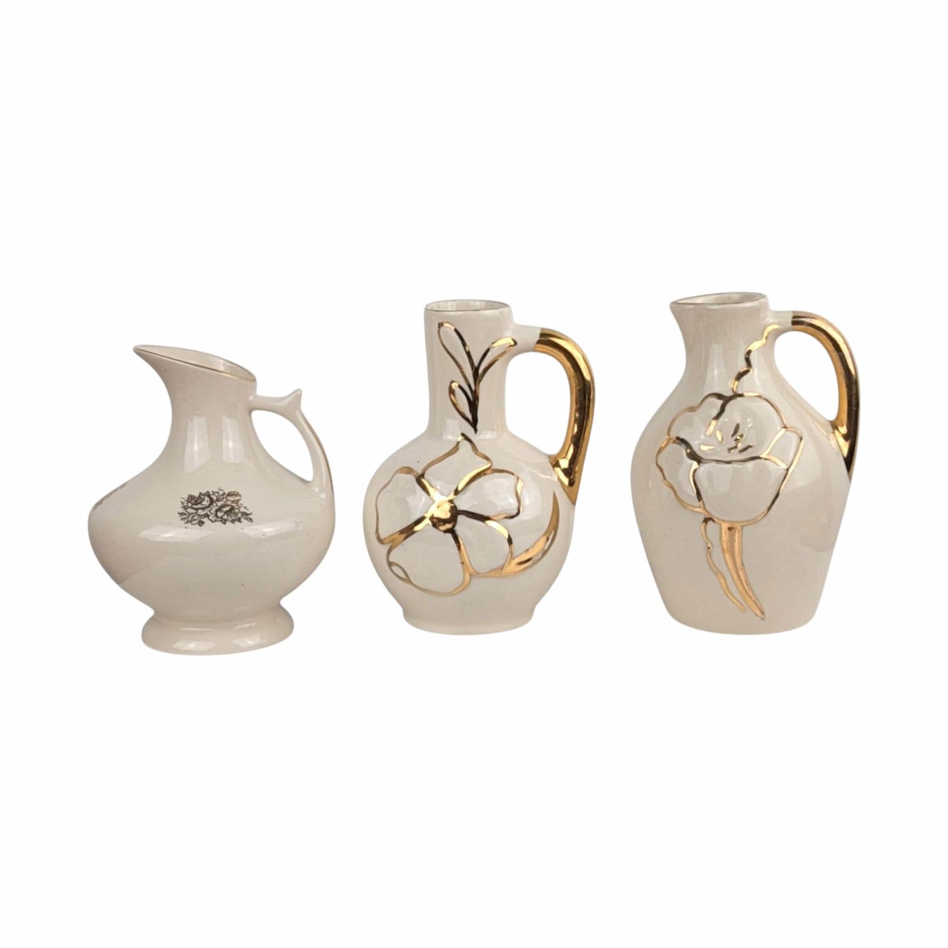 Vintage Cream & Gold Ceramic Bud Vase Trio