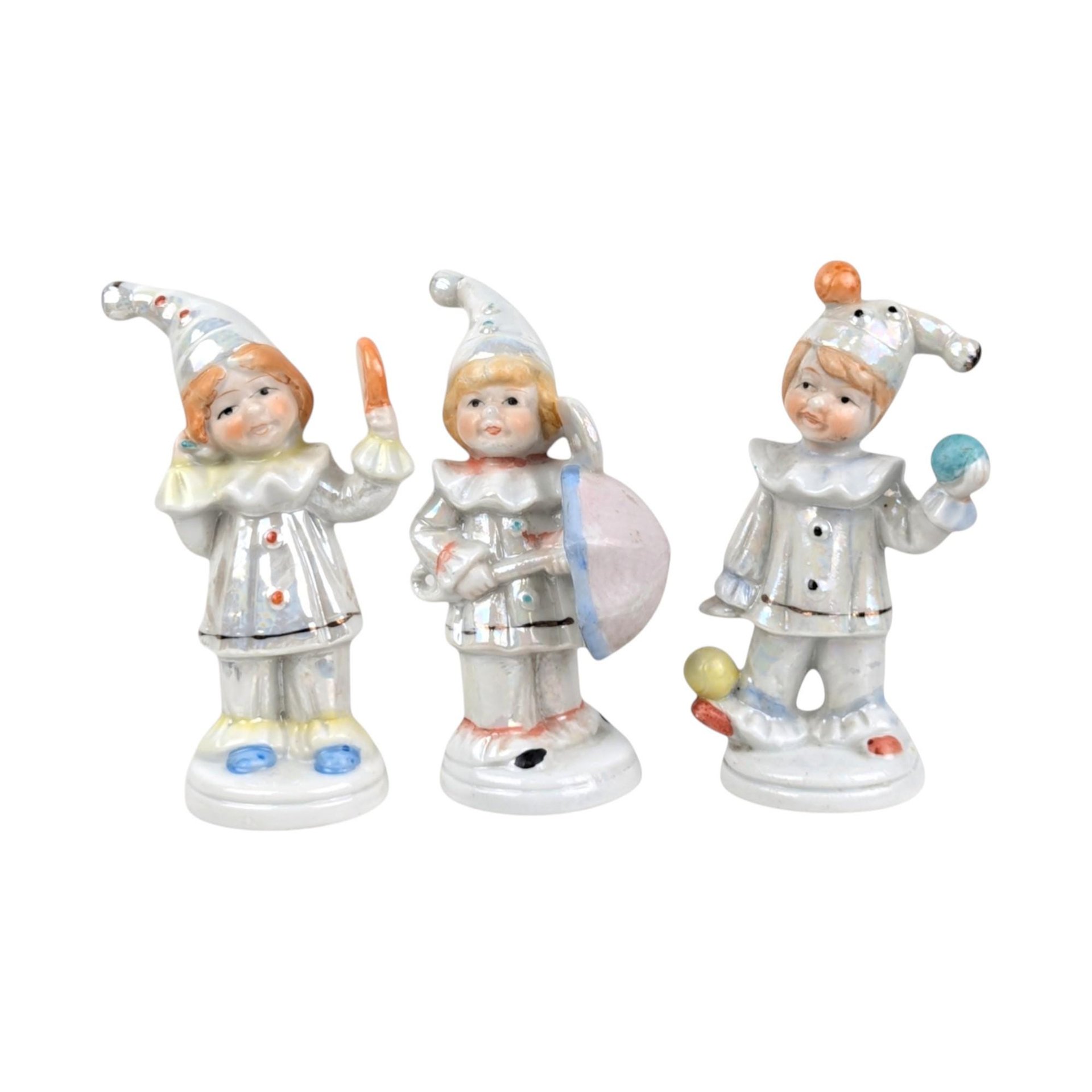 Vintage Luster Ceramic Jester Figurine Trio
