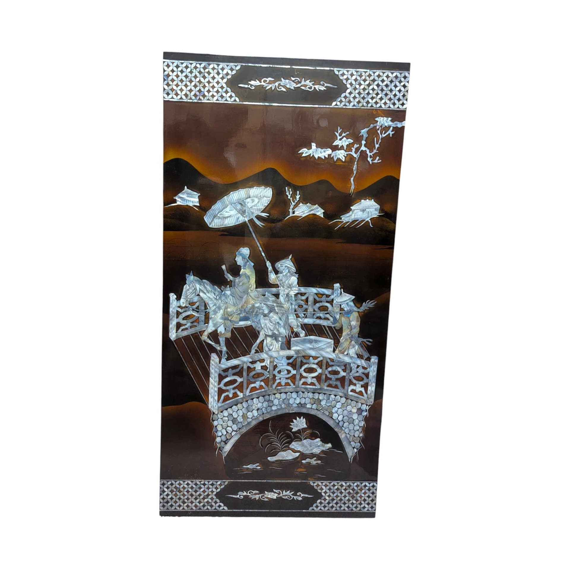 Vintage Vietnamese Lacquer Wall Panel: Horse & Bridge Mother of Pearl Inlay