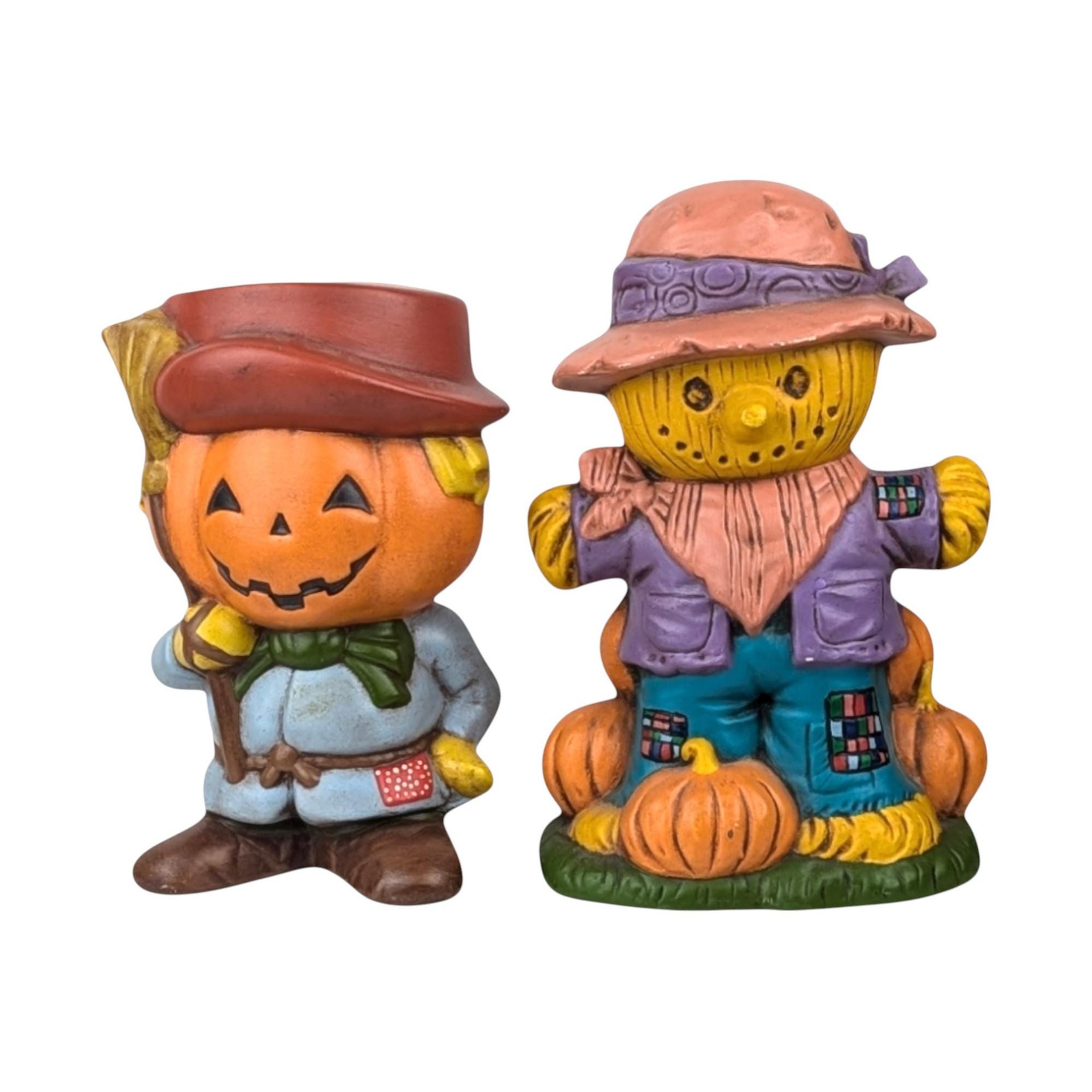1970s Hand-Painted Scarecrow & Jack-O'-Lantern Ceramic Figures