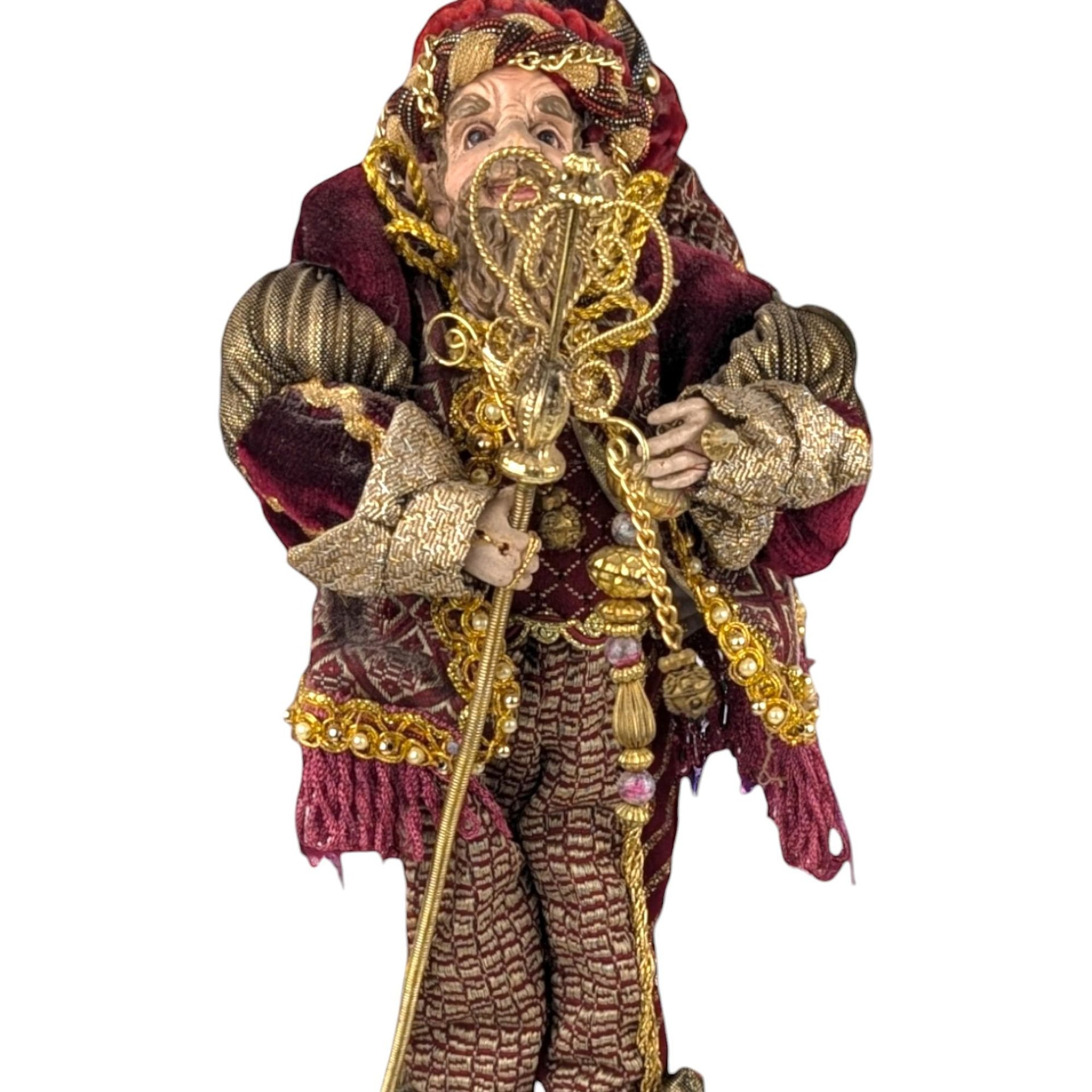 Vintage Santa Elf Jester Figure: Maroon & Gold