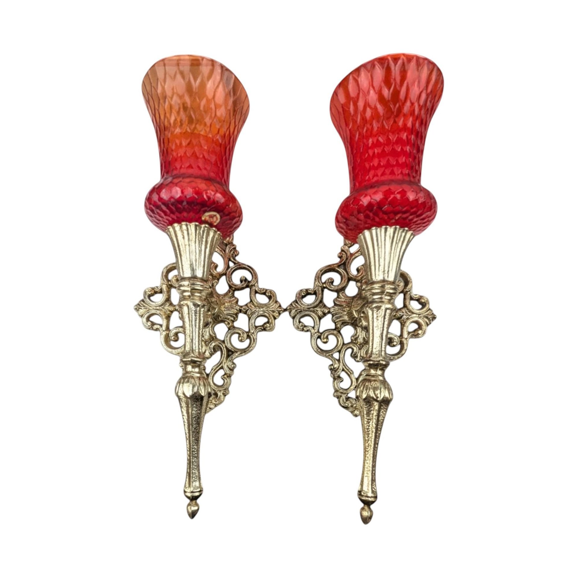 Vintage Italian Brass Wall Mounted Candle Sconces: Set of 2