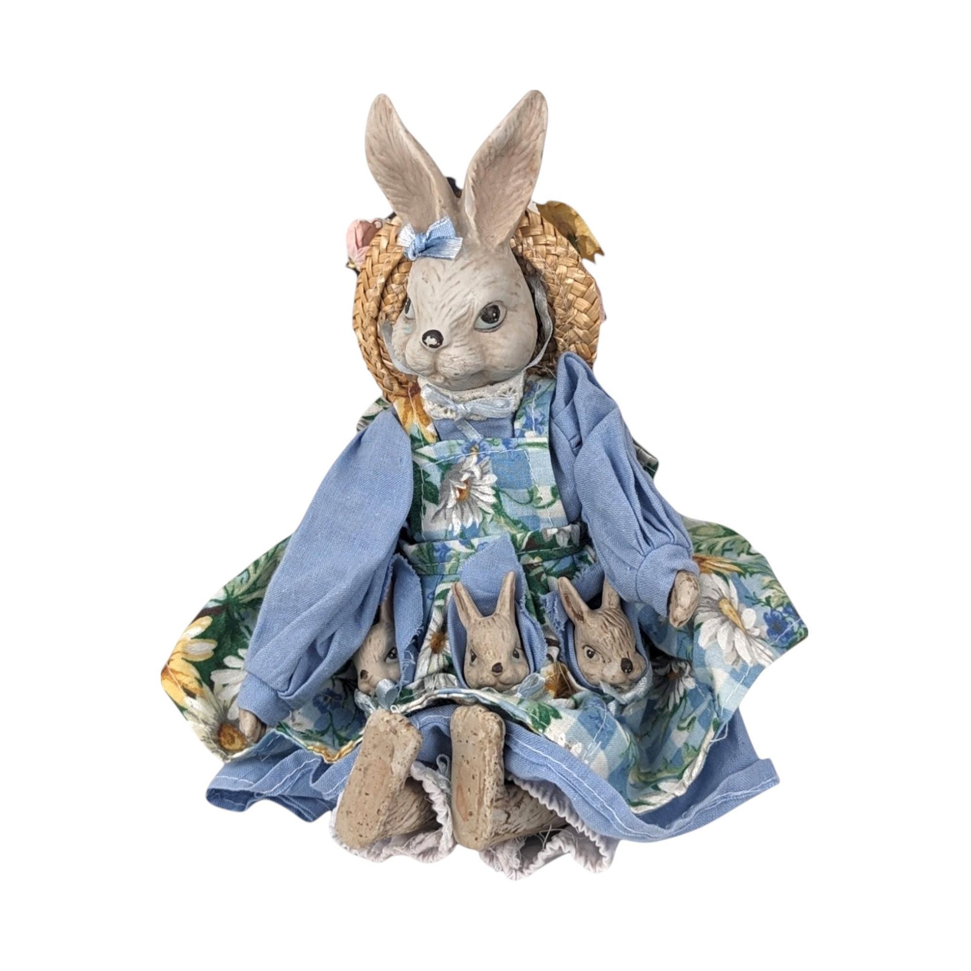 Vintage Ceramic and Cloth Mother Rabbit with Babies