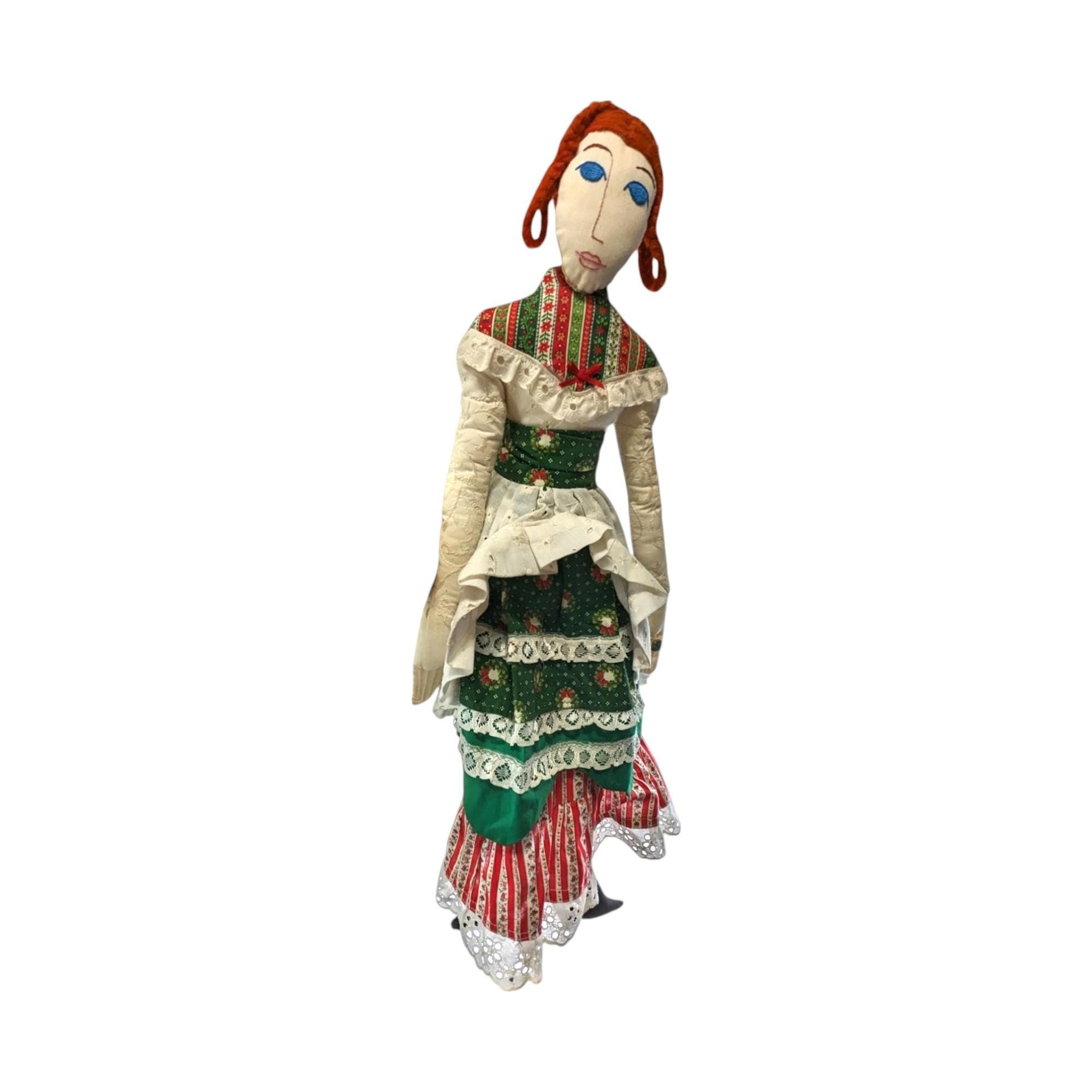 Vintage Handmade 25" Cloth Doll with Red Hair & Ruffled Dress