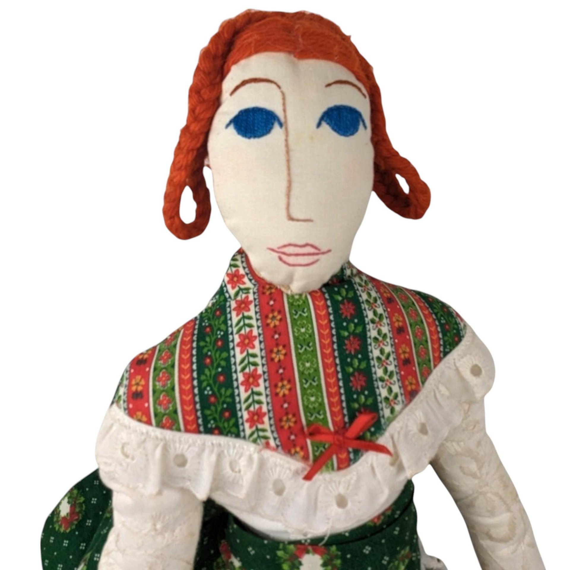 Vintage Handmade 25" Cloth Doll with Red Hair & Ruffled Dress