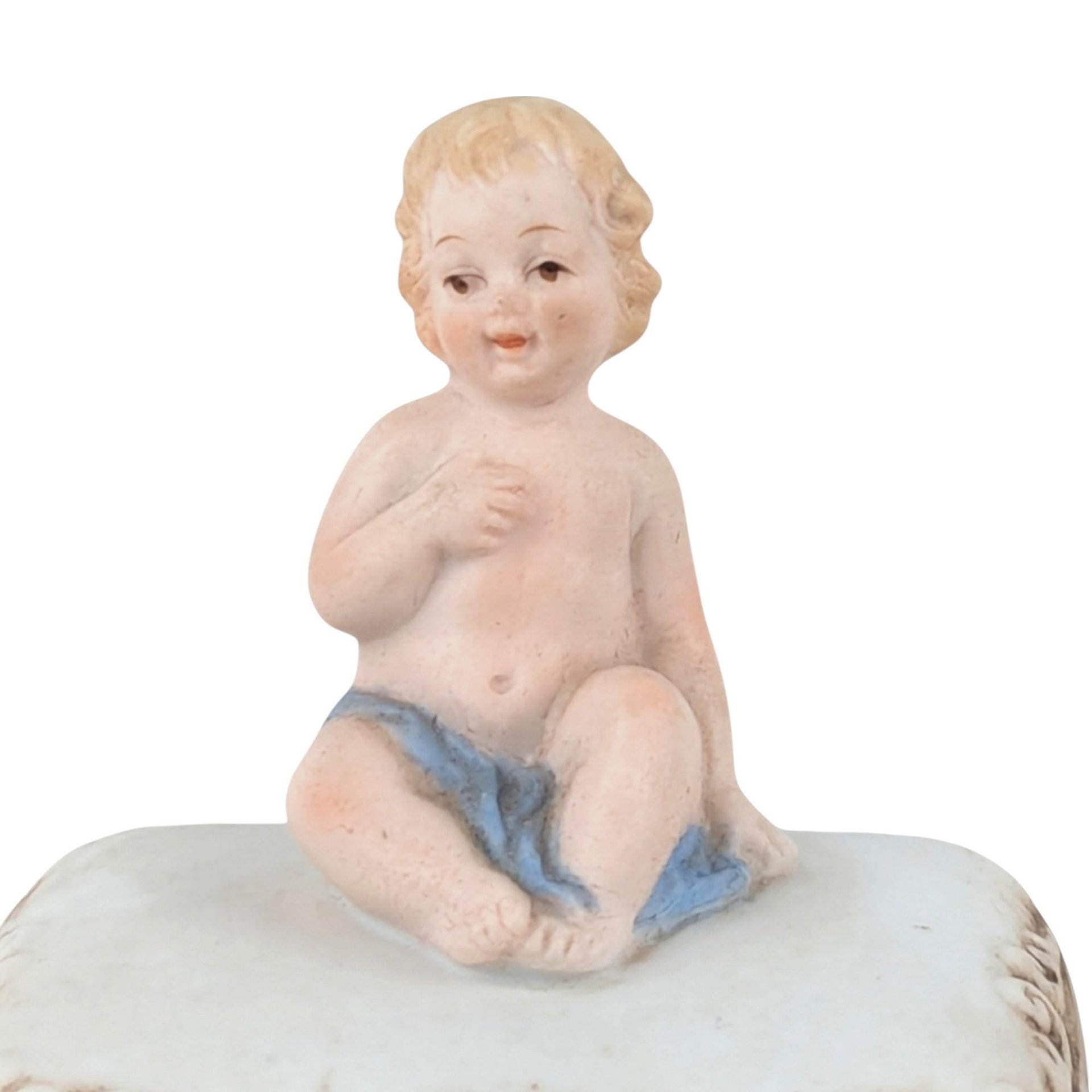 Vintage Topline Bisque Porcelain Baby on Pillow Trinket Box