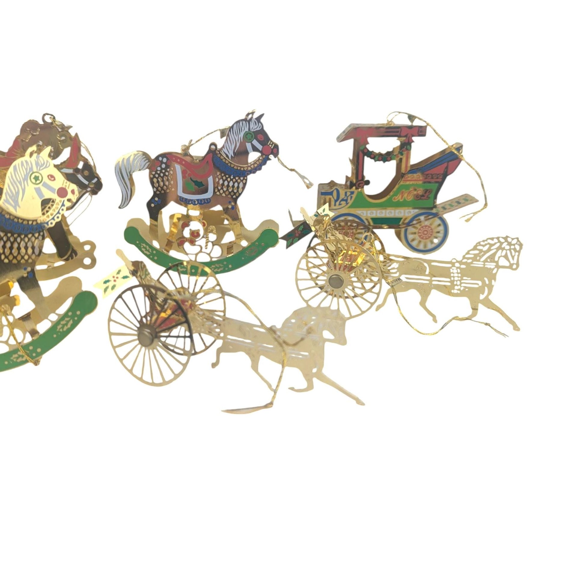 Vintage Brass Metal Rocking Horse and Carriage Ornament Set