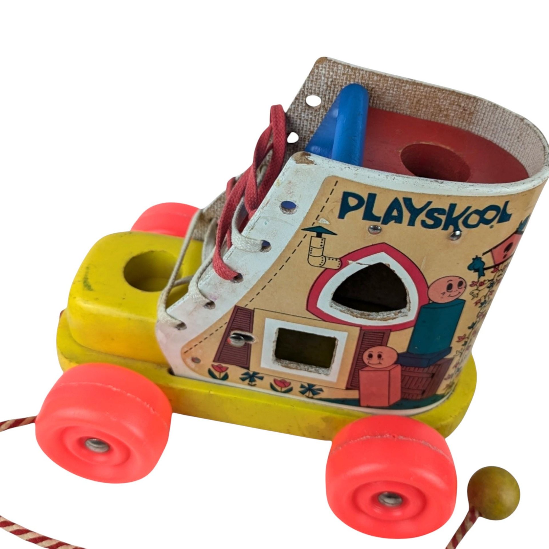 Vintage Playskool Wood Shoe Shape Sorter Pull Toy