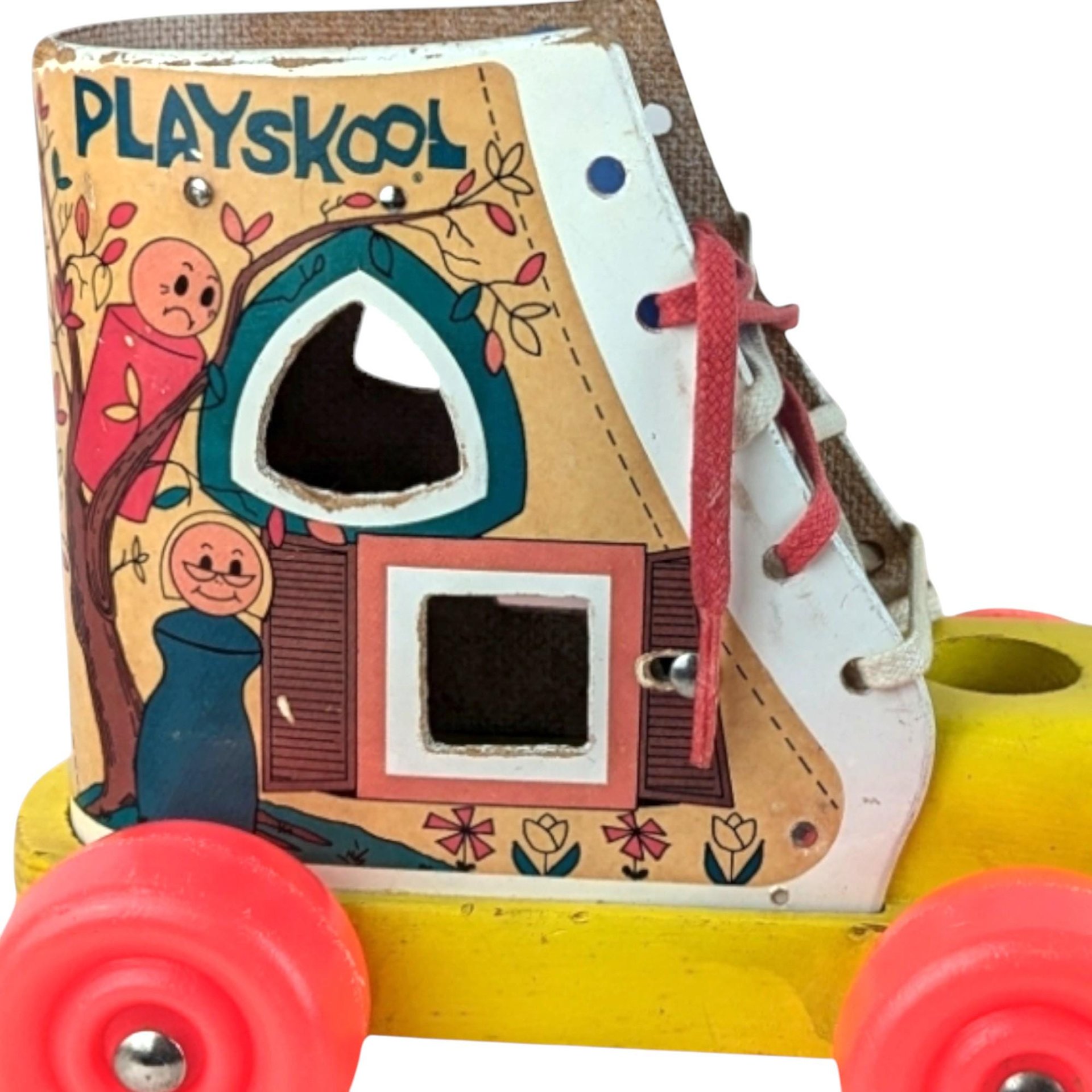 Vintage Playskool Wood Shoe Shape Sorter Pull Toy