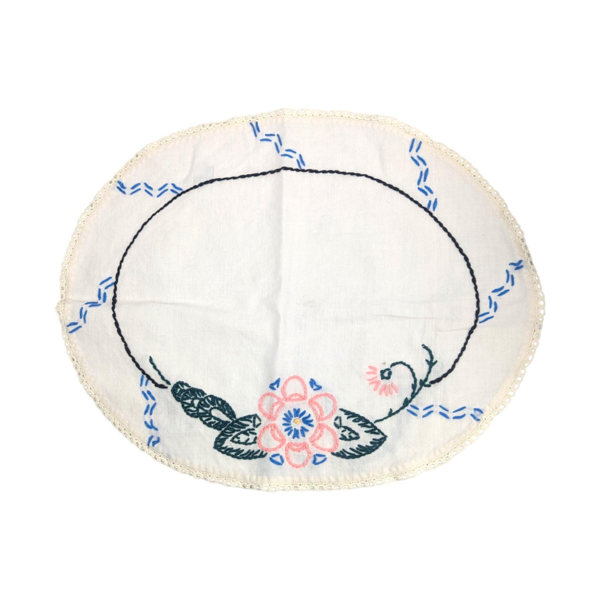 Vintage Hand Embroidered Floral Linen Doily Set