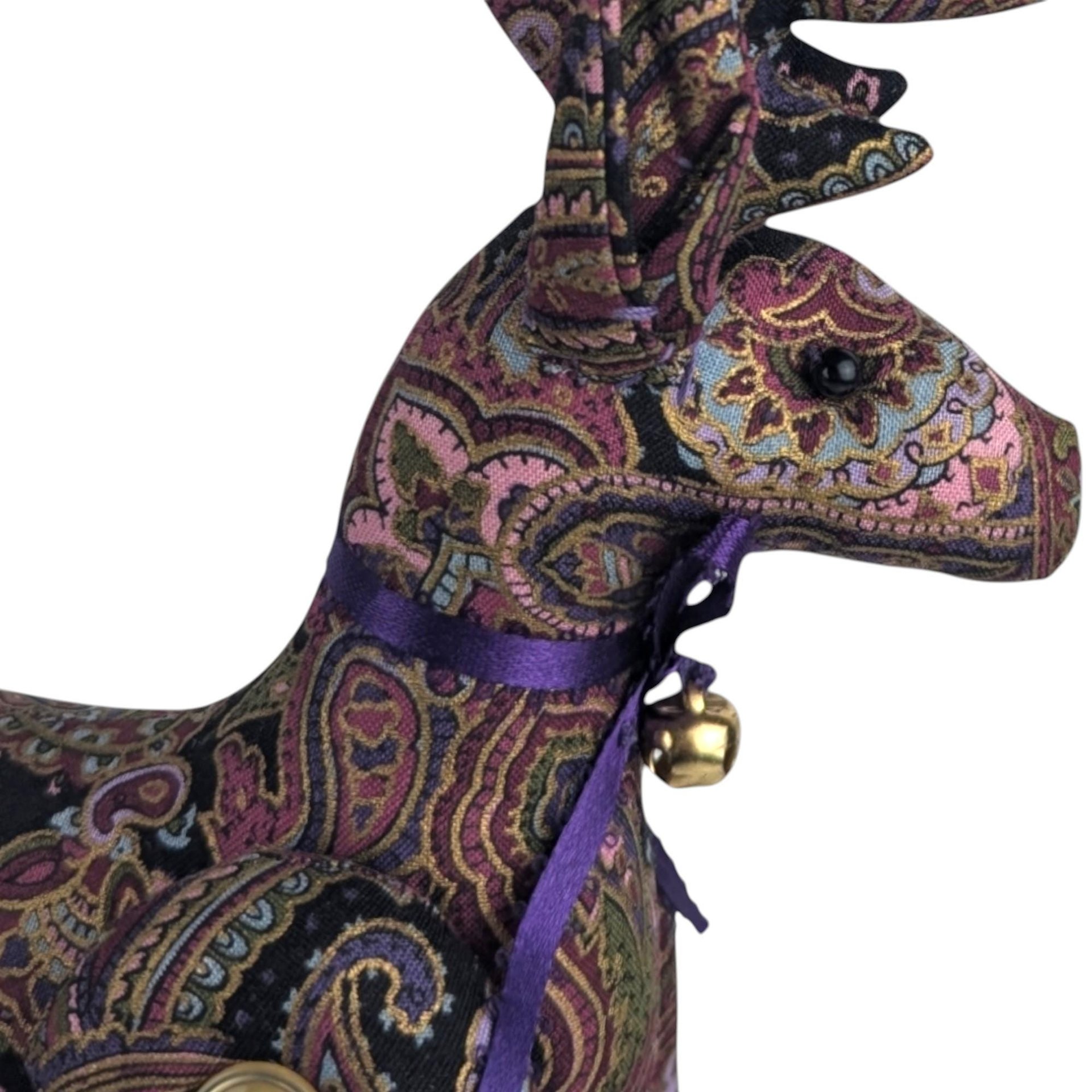 Vintage Paisley Plush Reindeer Figure – Boho Button Jointed Fabric Deer