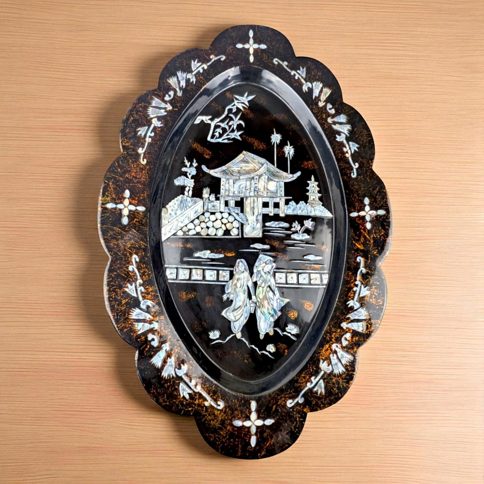 Vintage Asian Black Lacquer Mother of Pearl Inlaid Wall Plaque