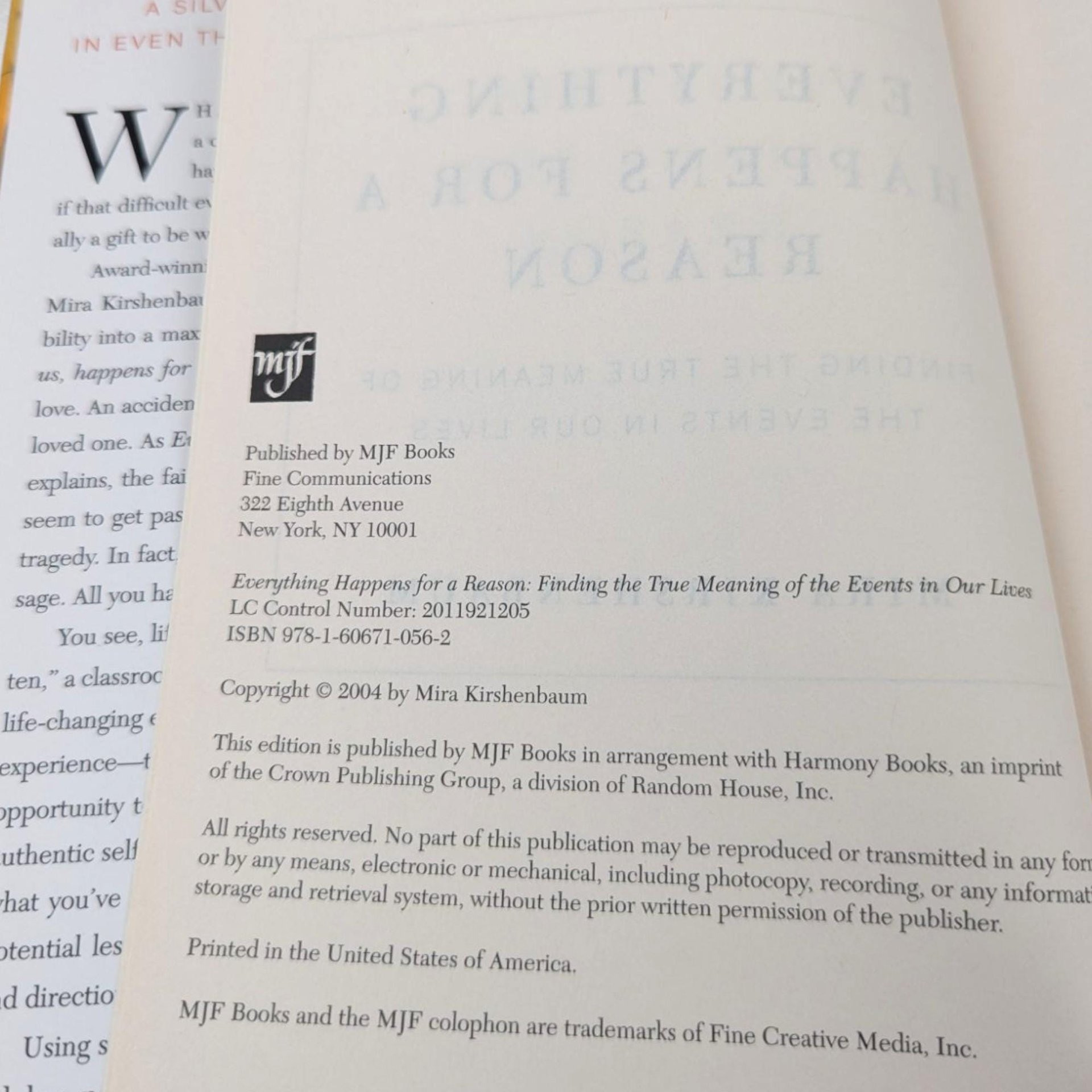 2004 Everything Happens for a Reason Hardcover: Mira Kirshenbaum