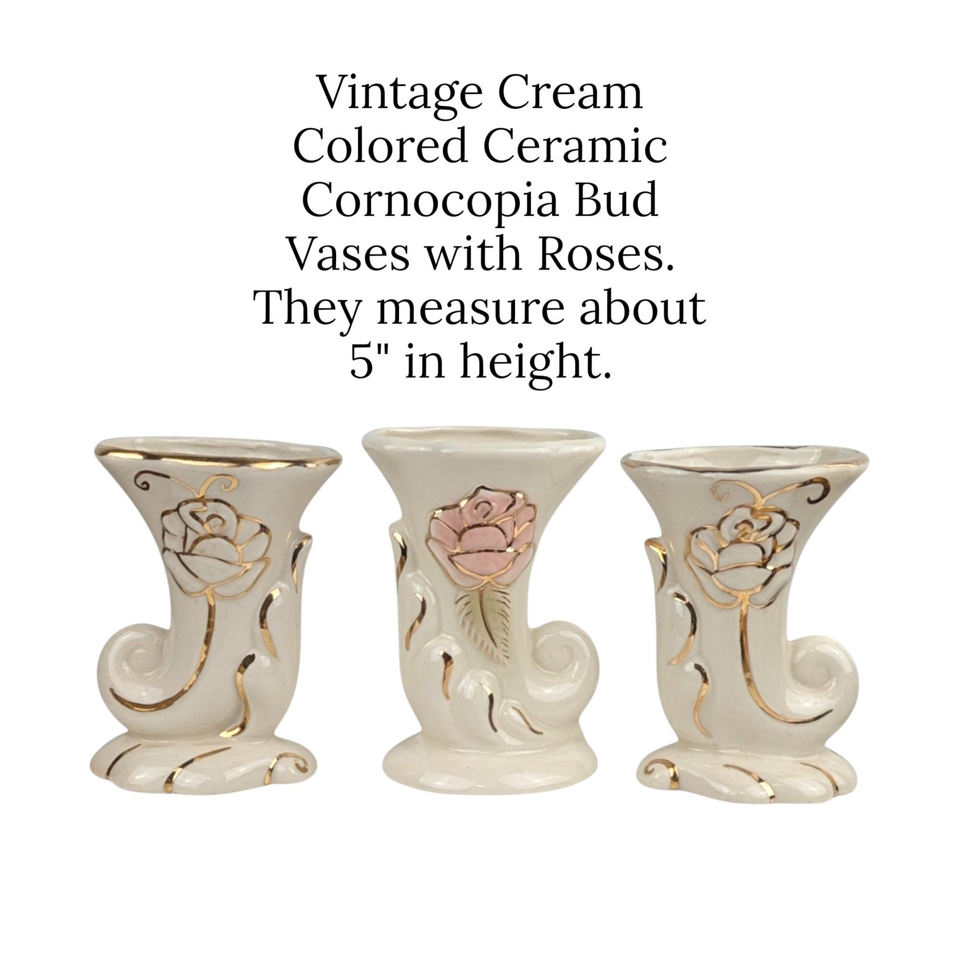 Vintage Cream Cornucopia Vase Set: Rose & Gold Bud Vases
