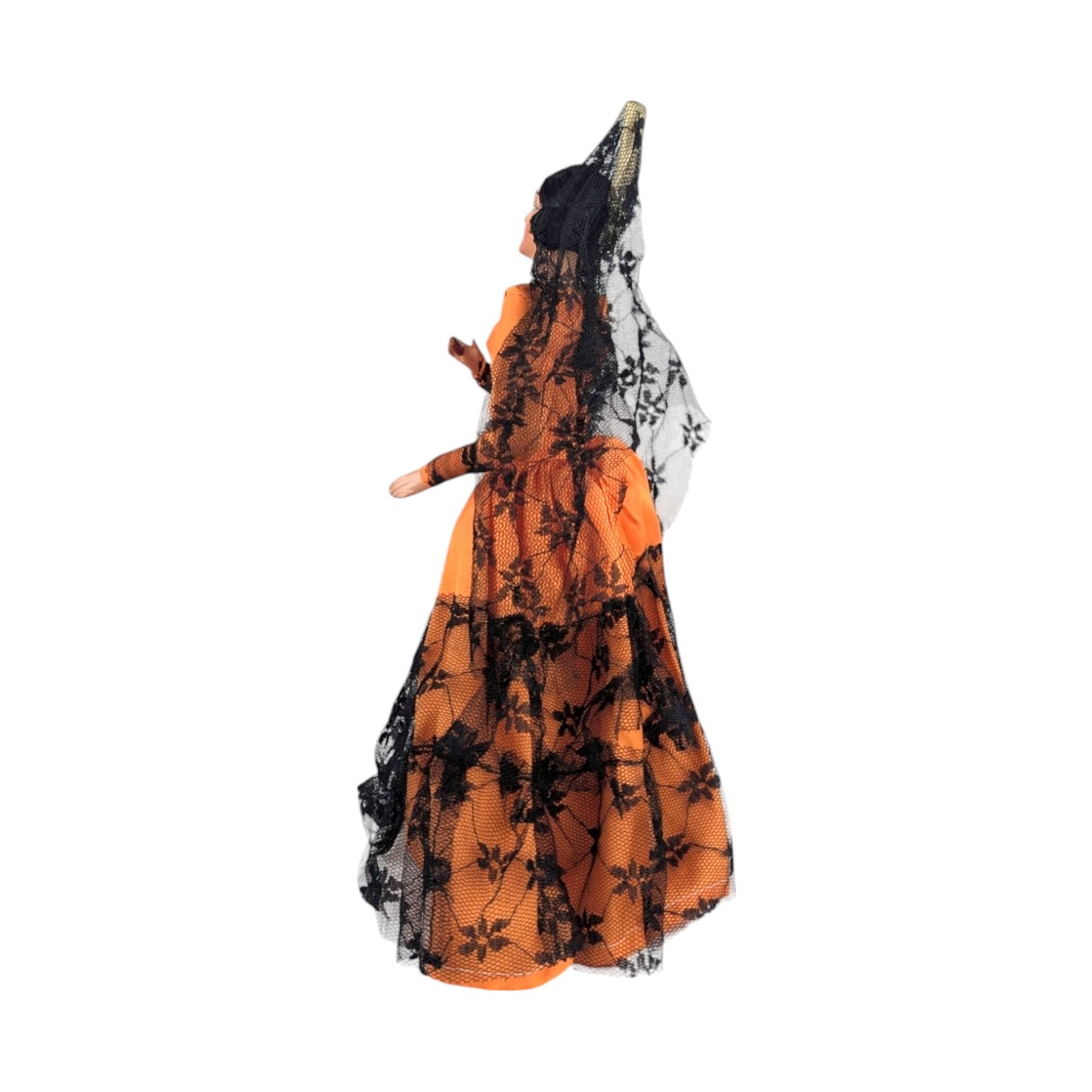 1960s Spanish Souvenir Doll Orange Lace Dress