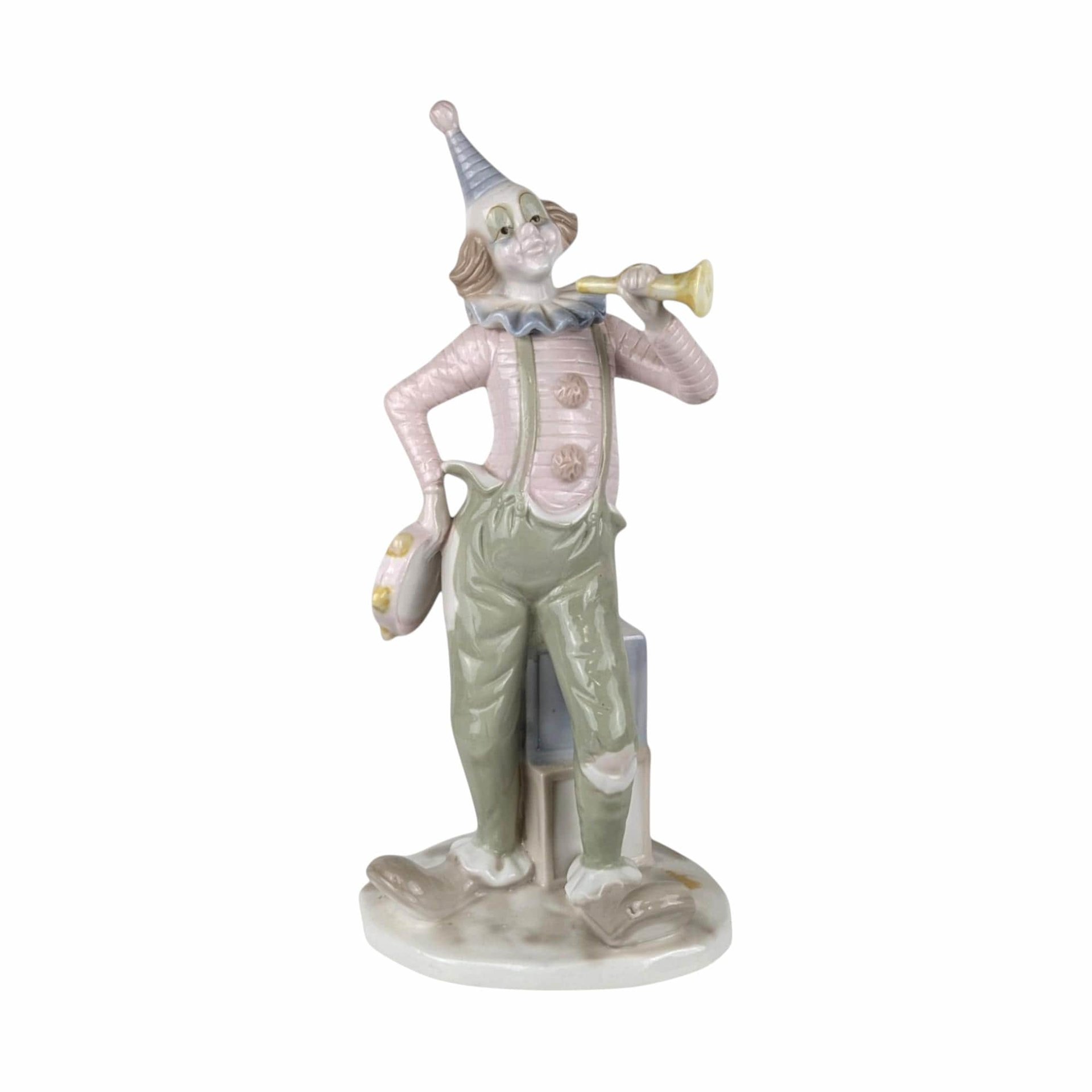 Vintage Porcelain Clown with Horn and Tambourine