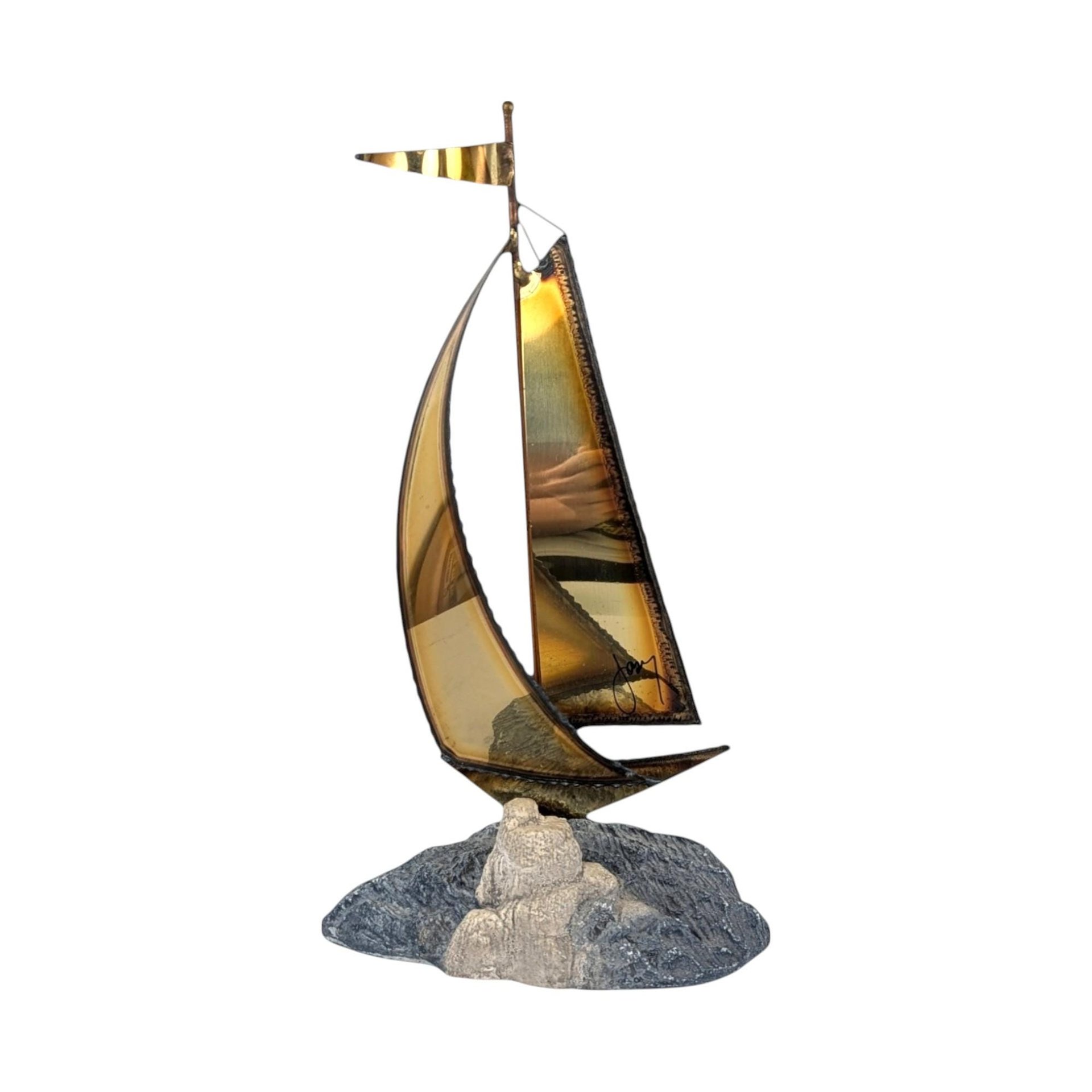 Vintage Signed Brass Sailboat Figurine