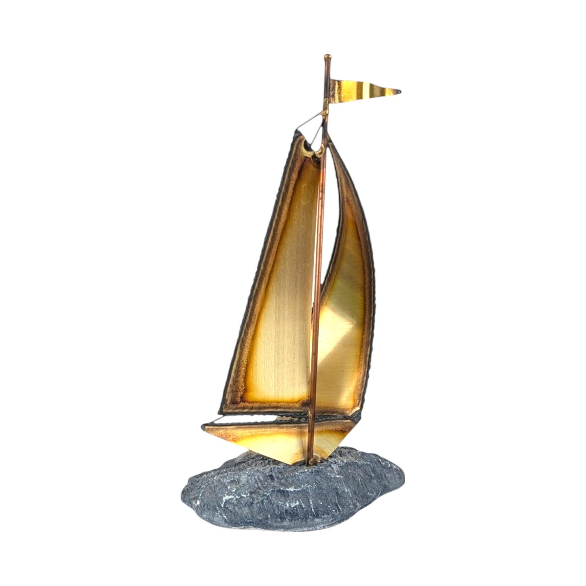 Vintage Signed Brass Sailboat Figurine