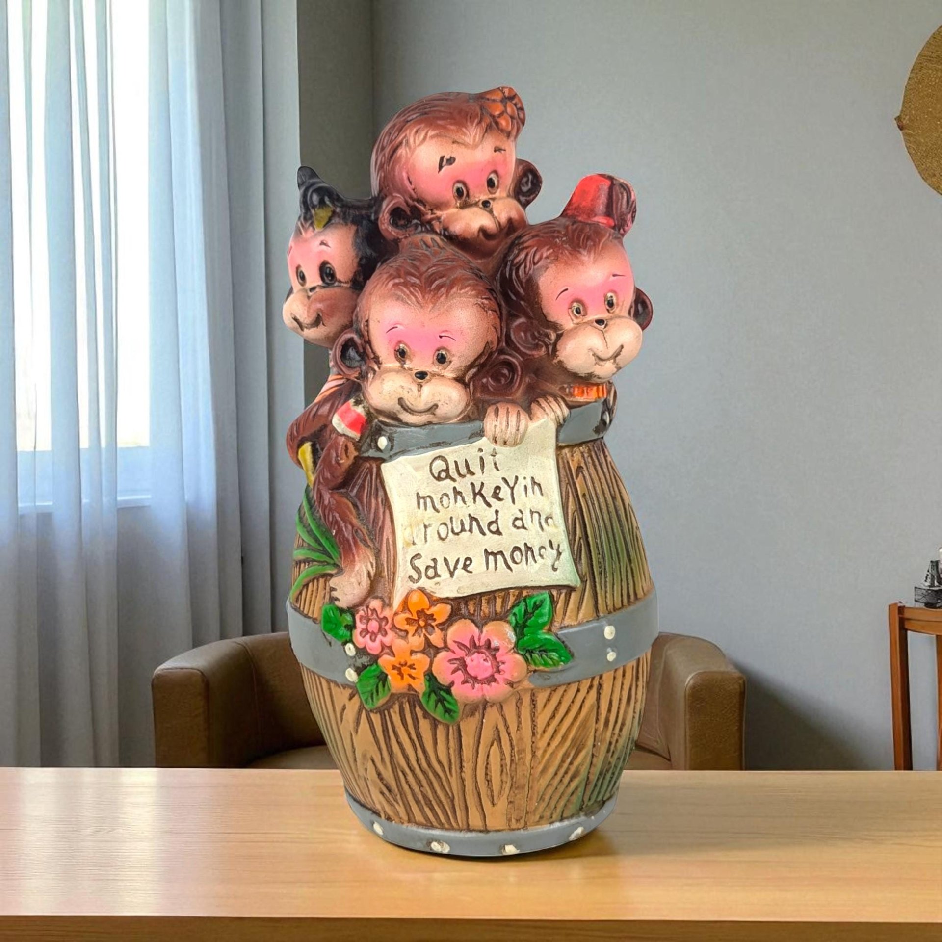 Vintage Barrel of Monkeys Ceramic Bank