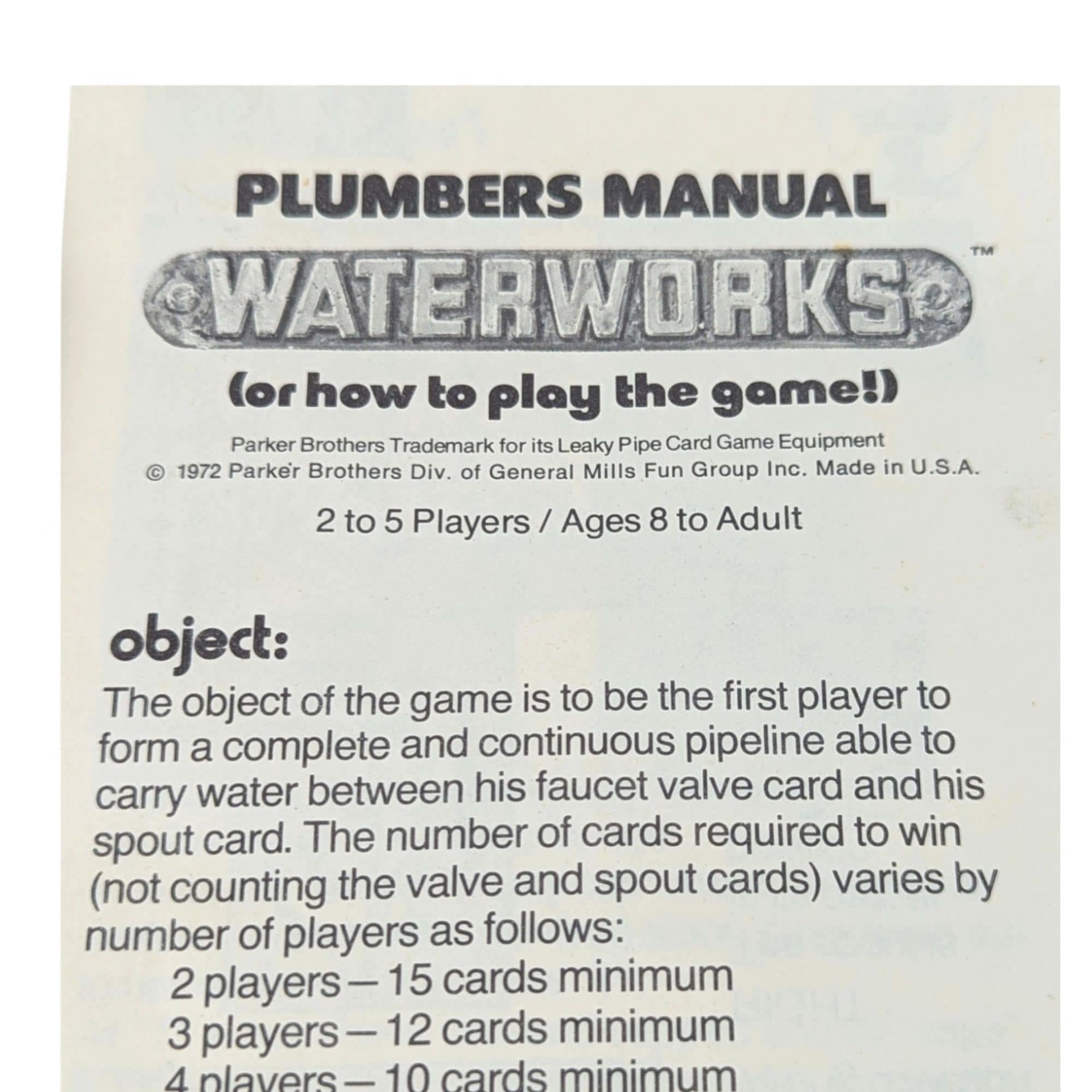 1972 Parker Brothers Waterworks Leaky Pipe Card Game