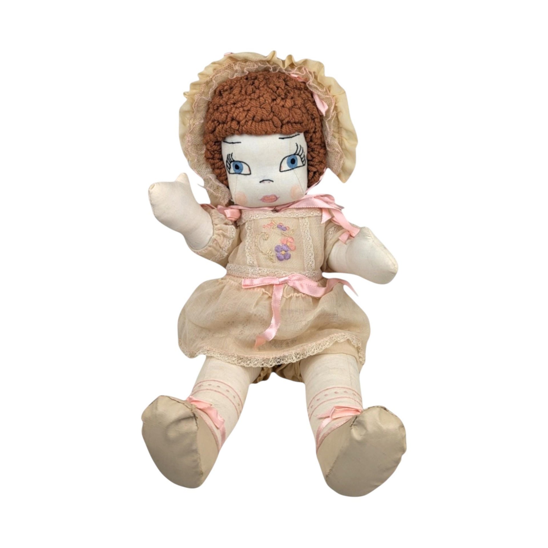 Vintage Handmade Cloth Doll in Bonnet and Dress