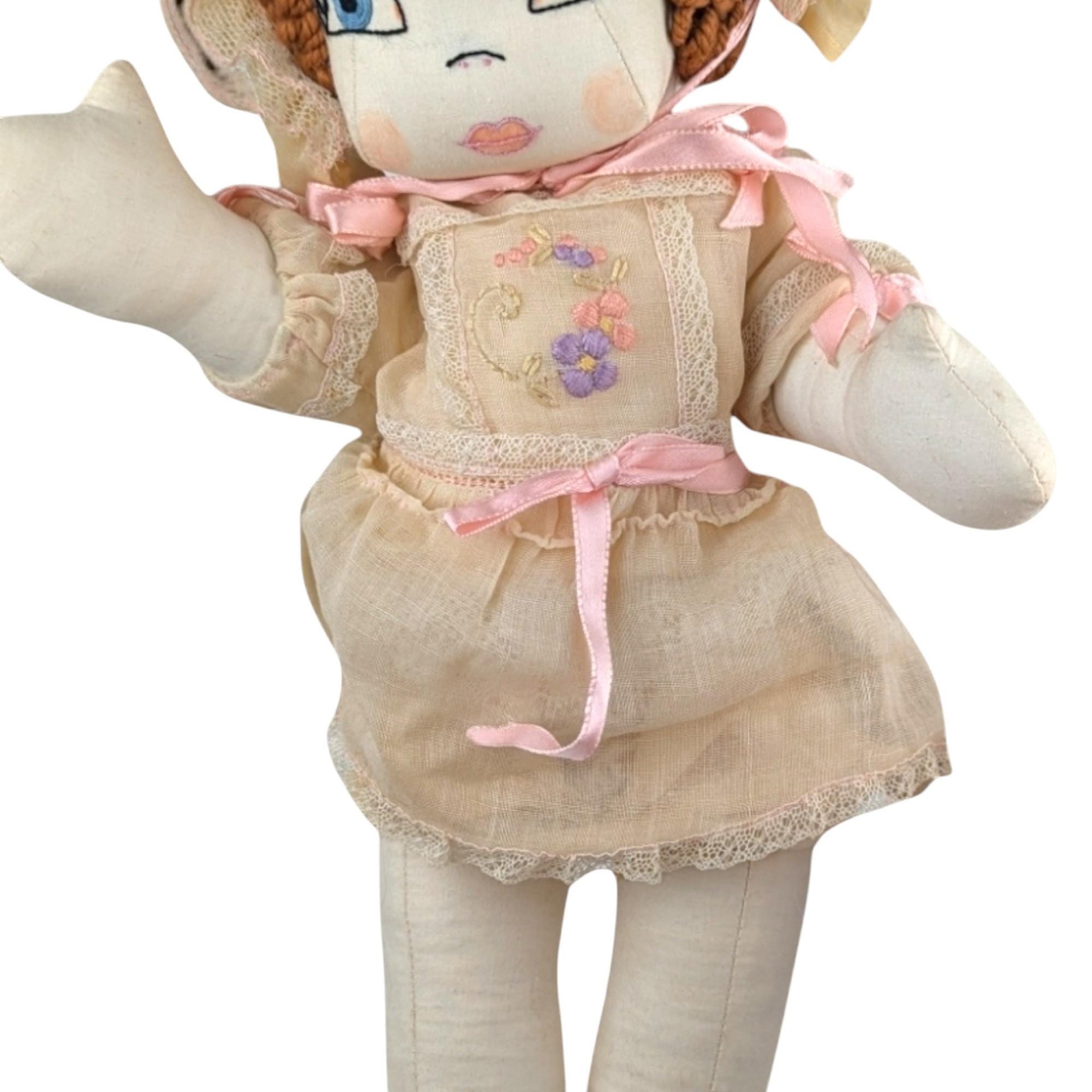 Vintage Handmade Cloth Doll in Bonnet and Dress
