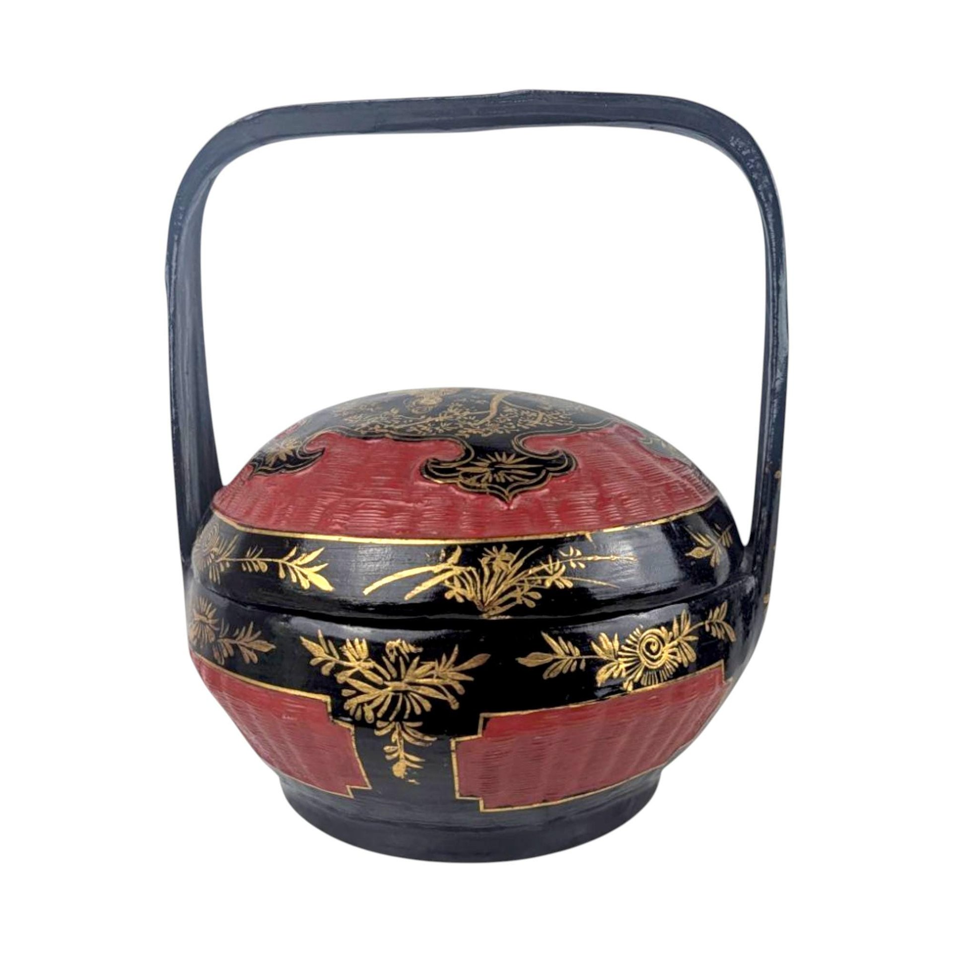 Vintage Chinese Hand Painted Bamboo Wedding Basket