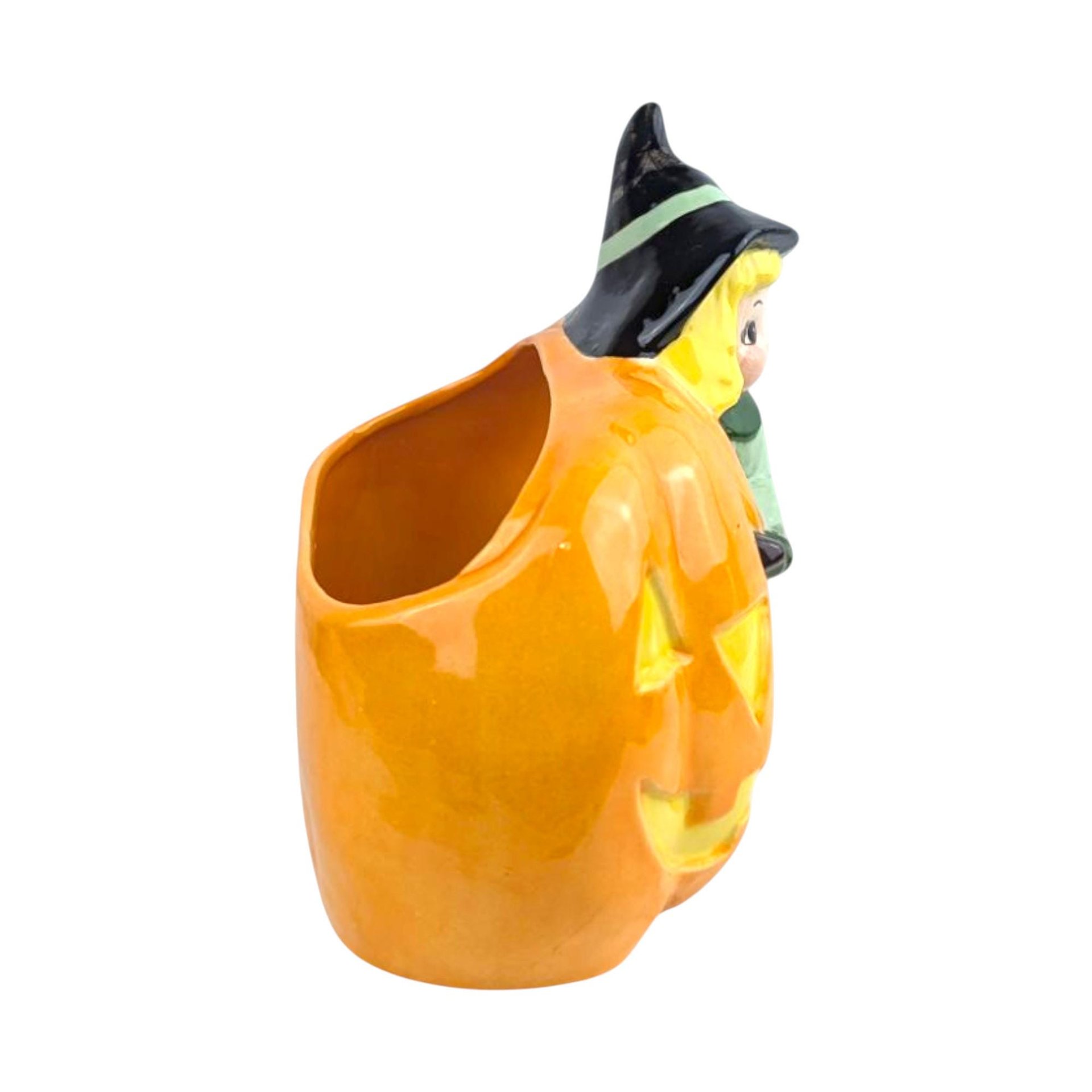 Vintage Halloween Witch and Jack-O-Lantern Ceramic Planter