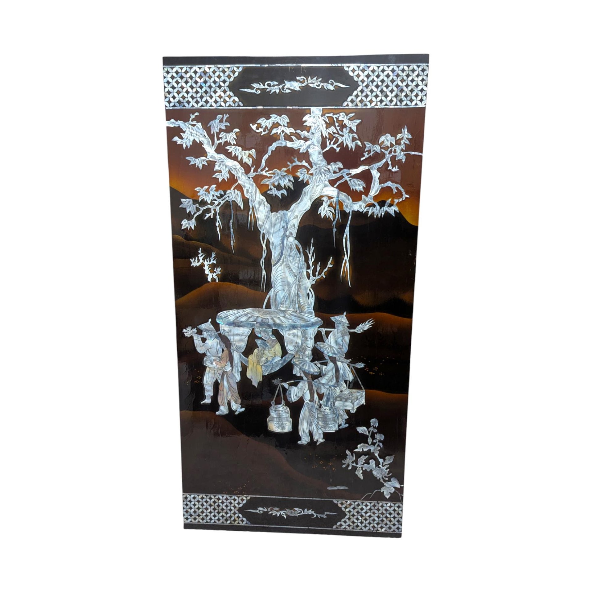 Vintage Vietnamese Lacquer Wall Panel: Mother of Pearl Inlay