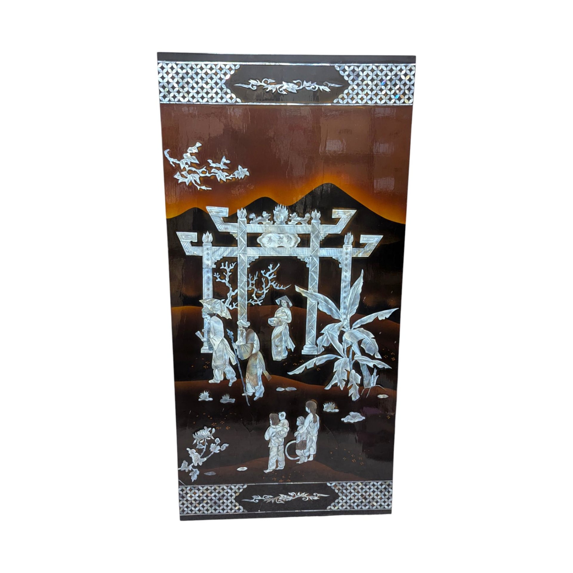 Vintage Vietnamese Lacquer Wall Panel: Torii Gate & Mother of Pearl Inlay