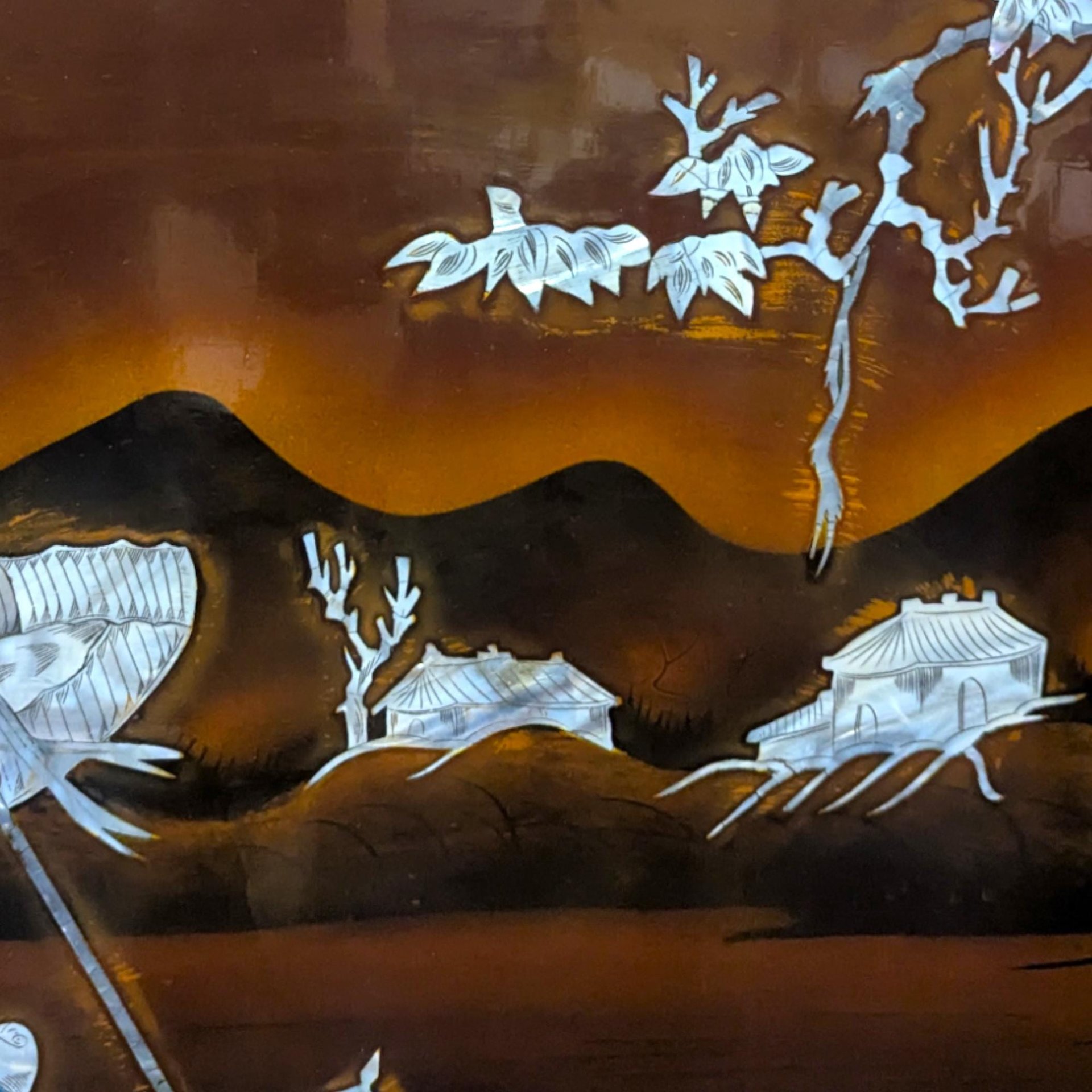 Vintage Vietnamese Lacquer Wall Panel: Horse & Bridge Mother of Pearl Inlay