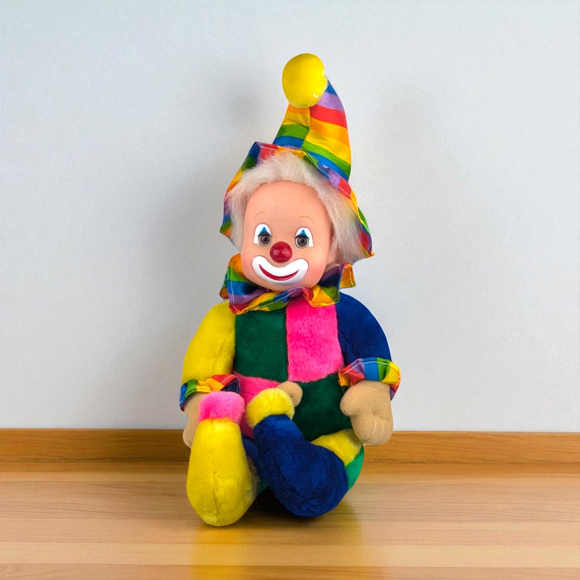 Vintage Rainbow Harlequin Clown Sitting Doll