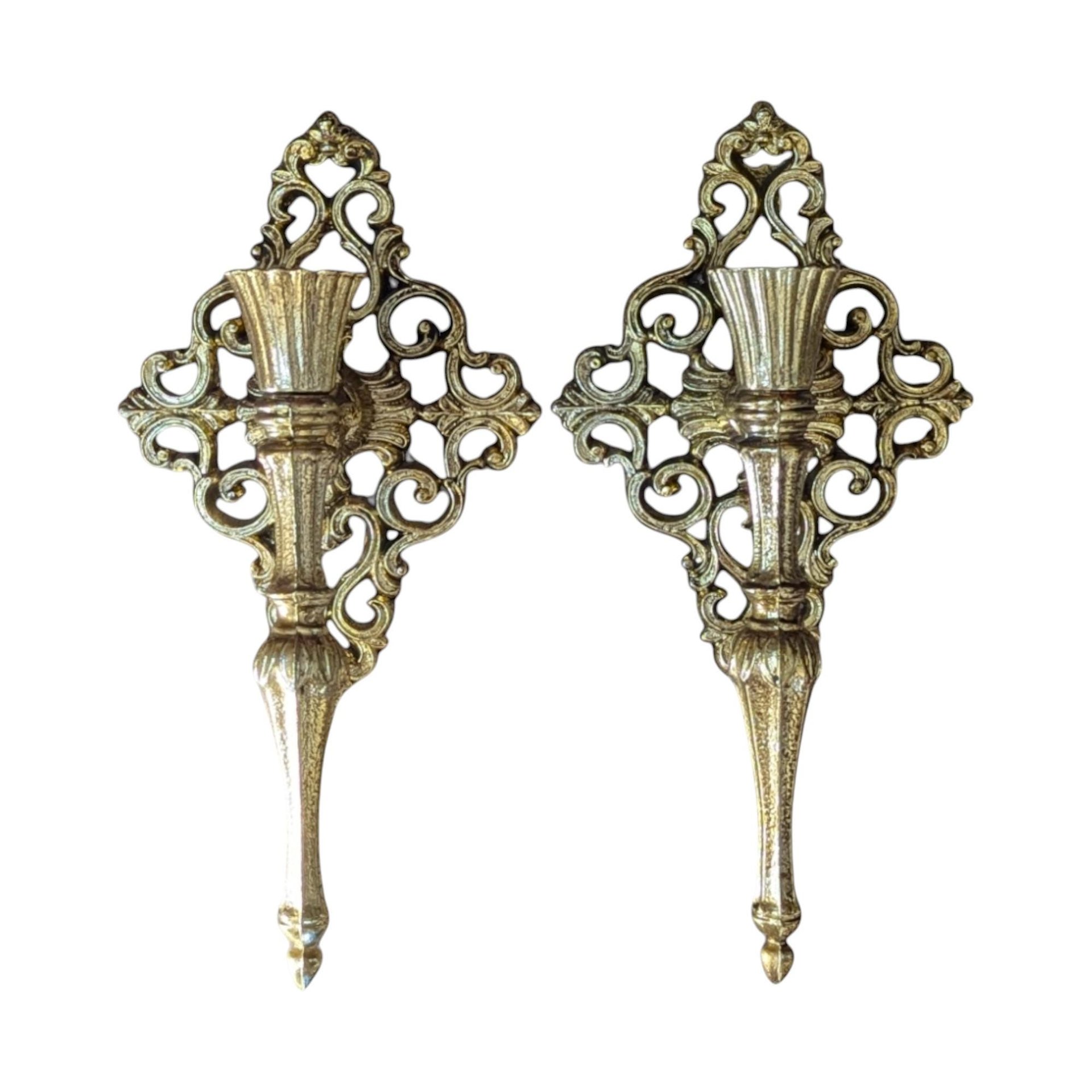 Vintage Italian Brass Wall Mounted Candle Sconces: Set of 2