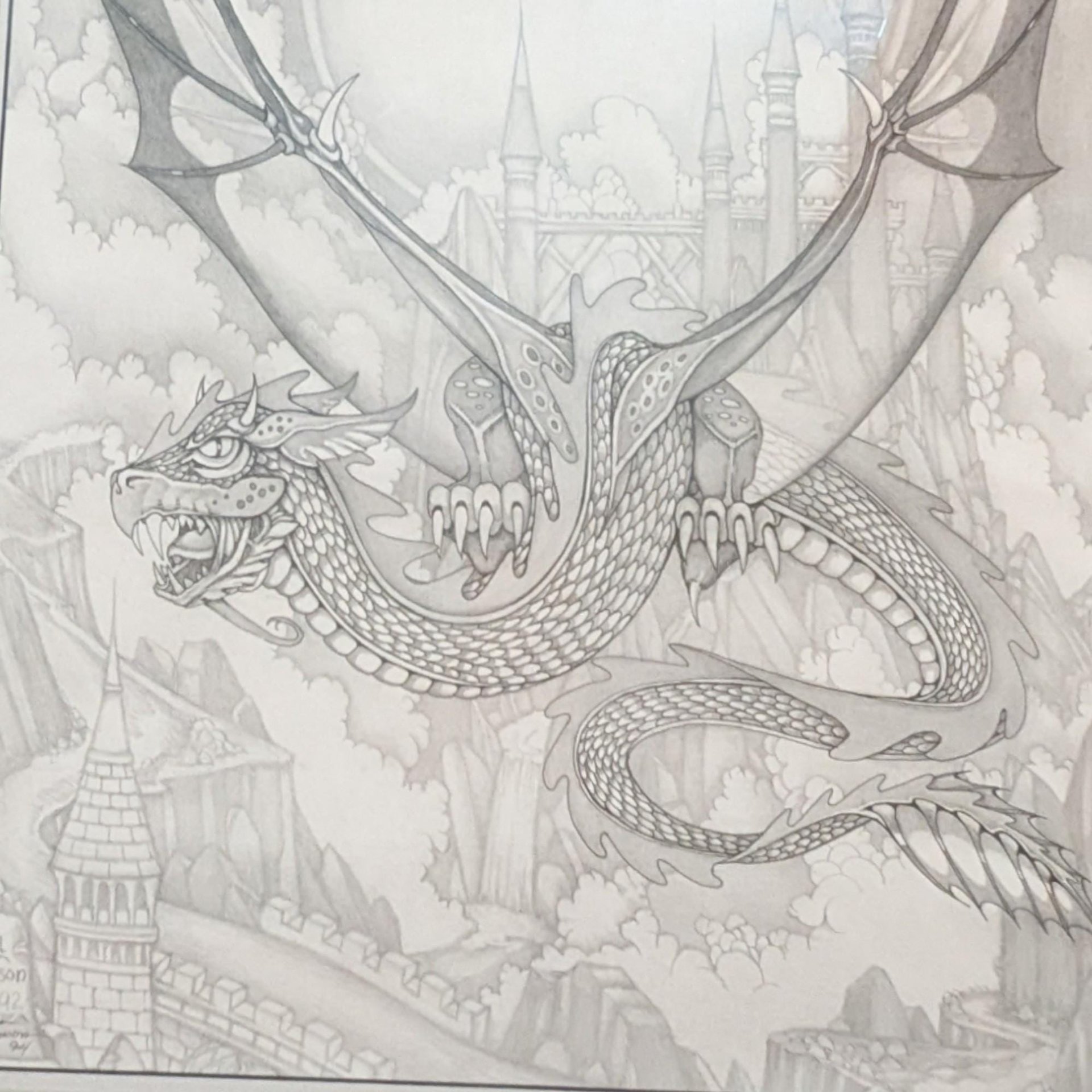 Vintage Dan Thompson Fantasy Dragon & Castle Signed Print