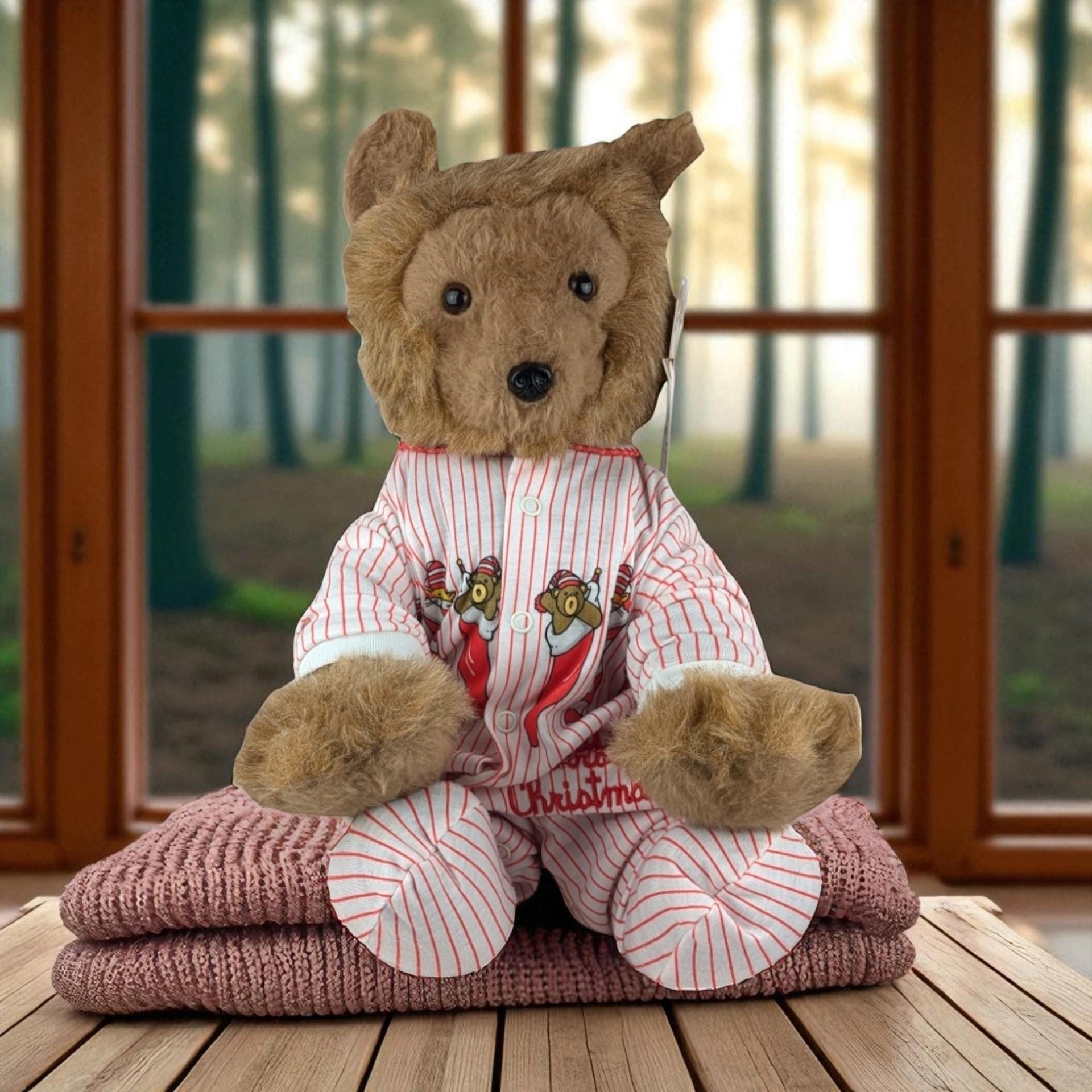 A plush, brown teddy bear with fuzzy fur wears white and red thin-striped pajamas. The pajamas feature a graphic of bears in Christmas stockings and red "Christmas" text. The bear has dark, round eyes and a black nose.