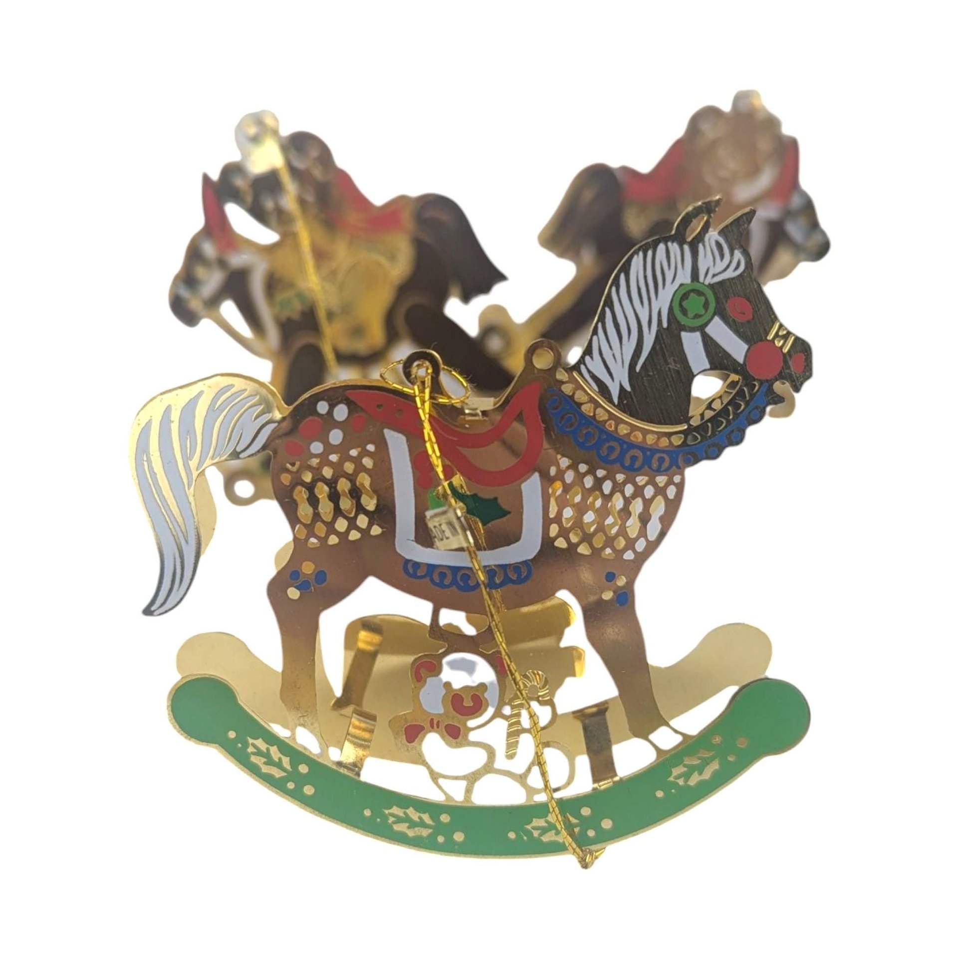 Vintage Brass Metal Rocking Horse and Carriage Ornament Set