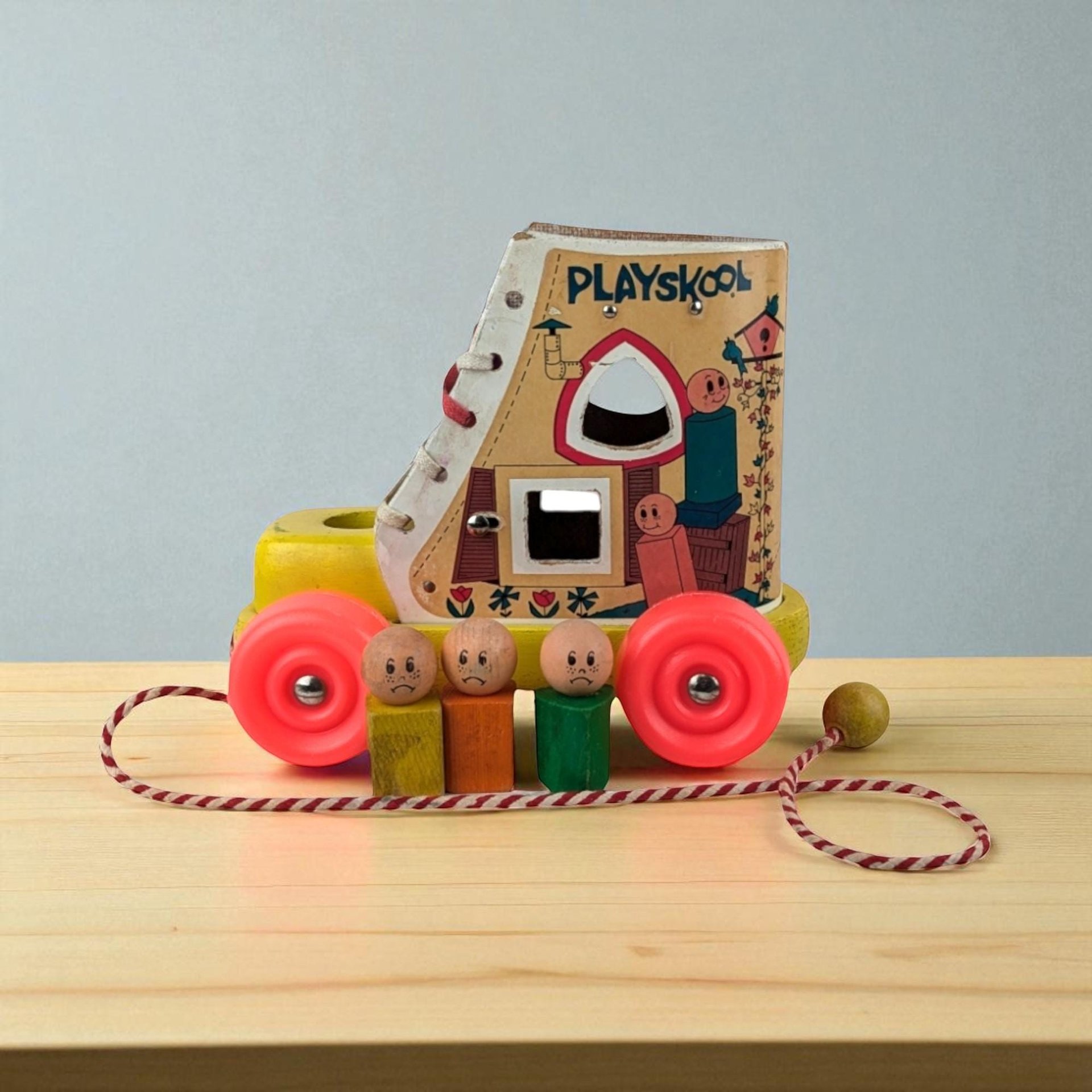 Vintage Playskool Wood Shoe Shape Sorter Pull Toy