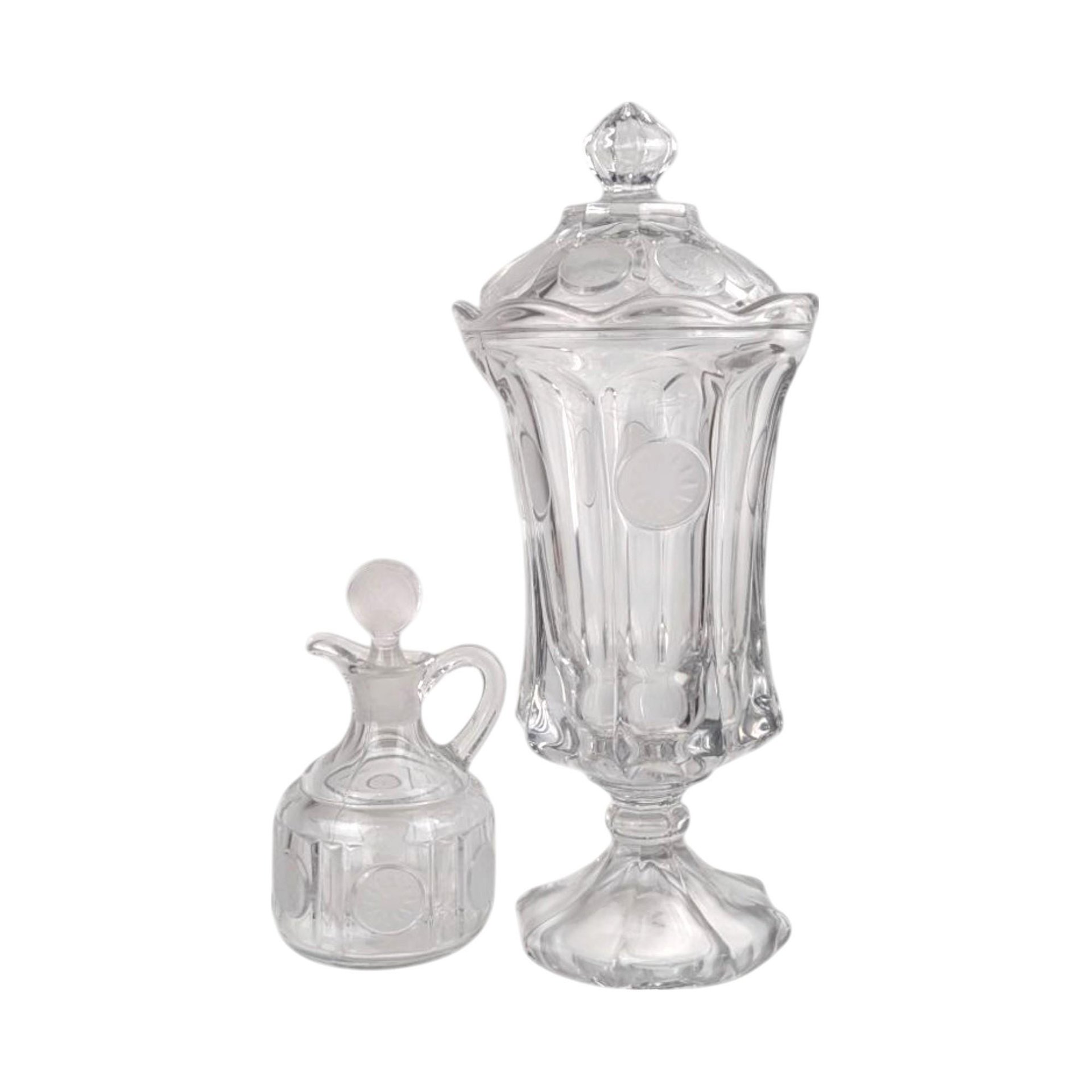 Vintage Fostoria Coin Glass Covered Urn & Cruet Set