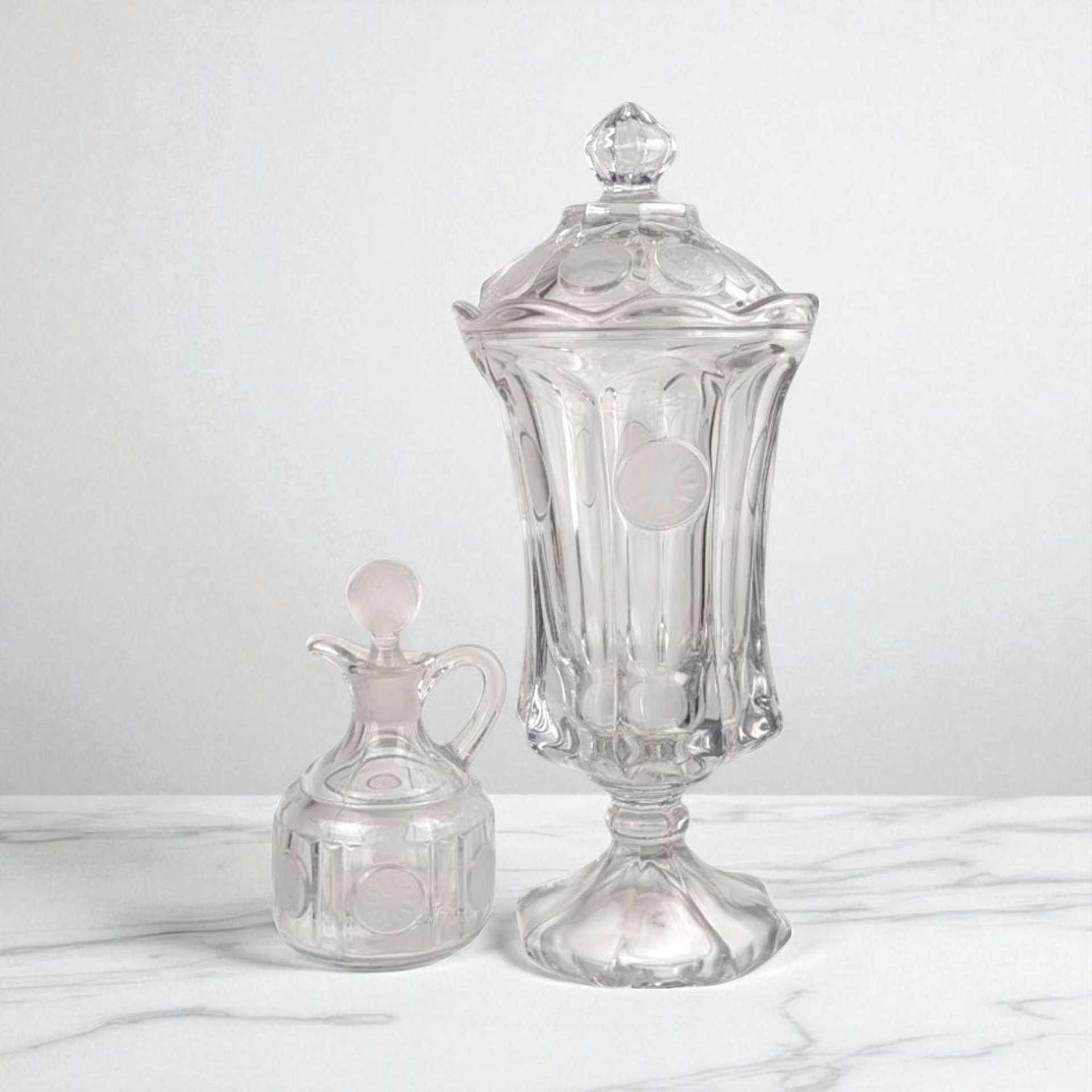 Vintage Fostoria Coin Glass Covered Urn & Cruet Set