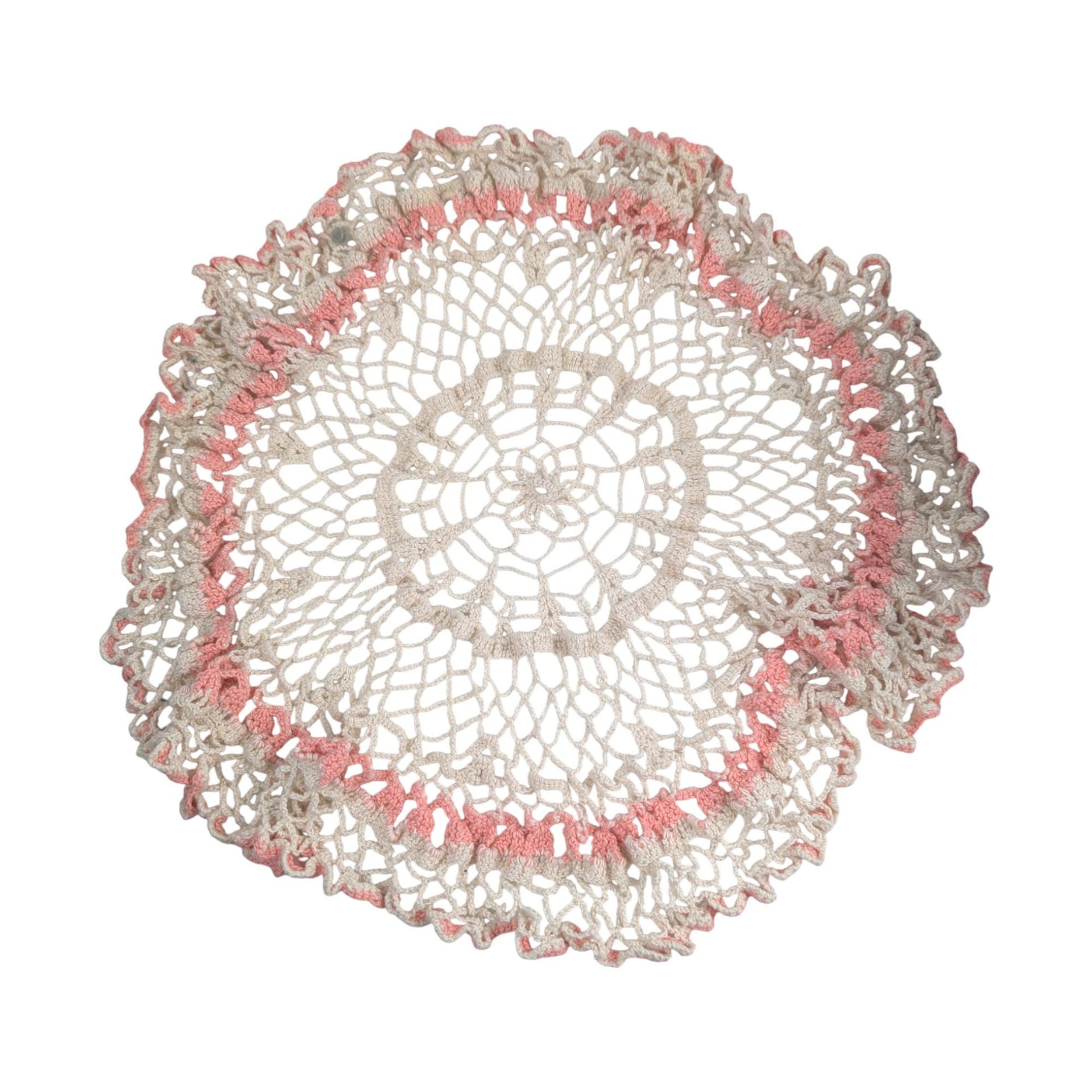 Vintage Large Crochet Doily with Pink Trim