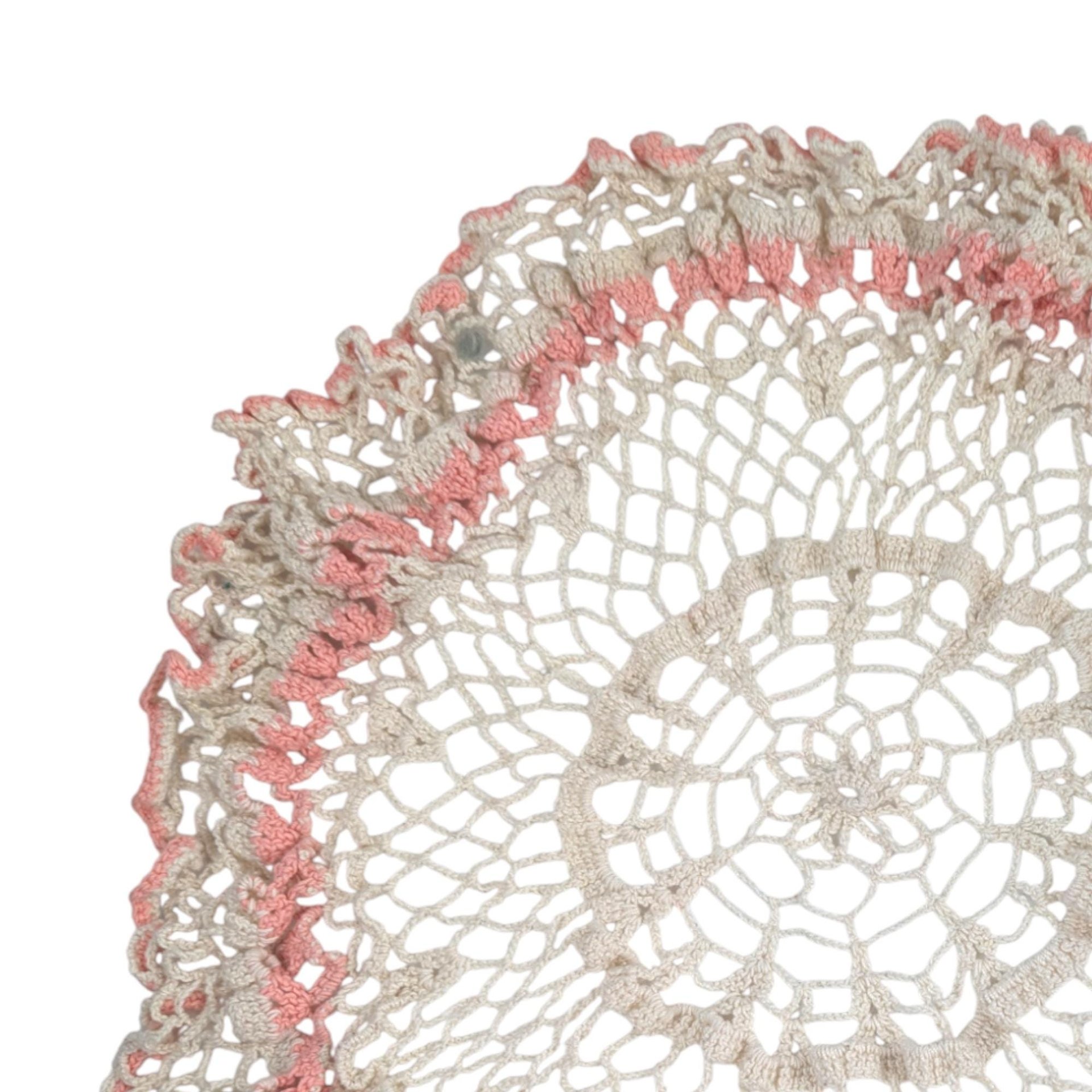 Vintage Large Crochet Doily with Pink Trim