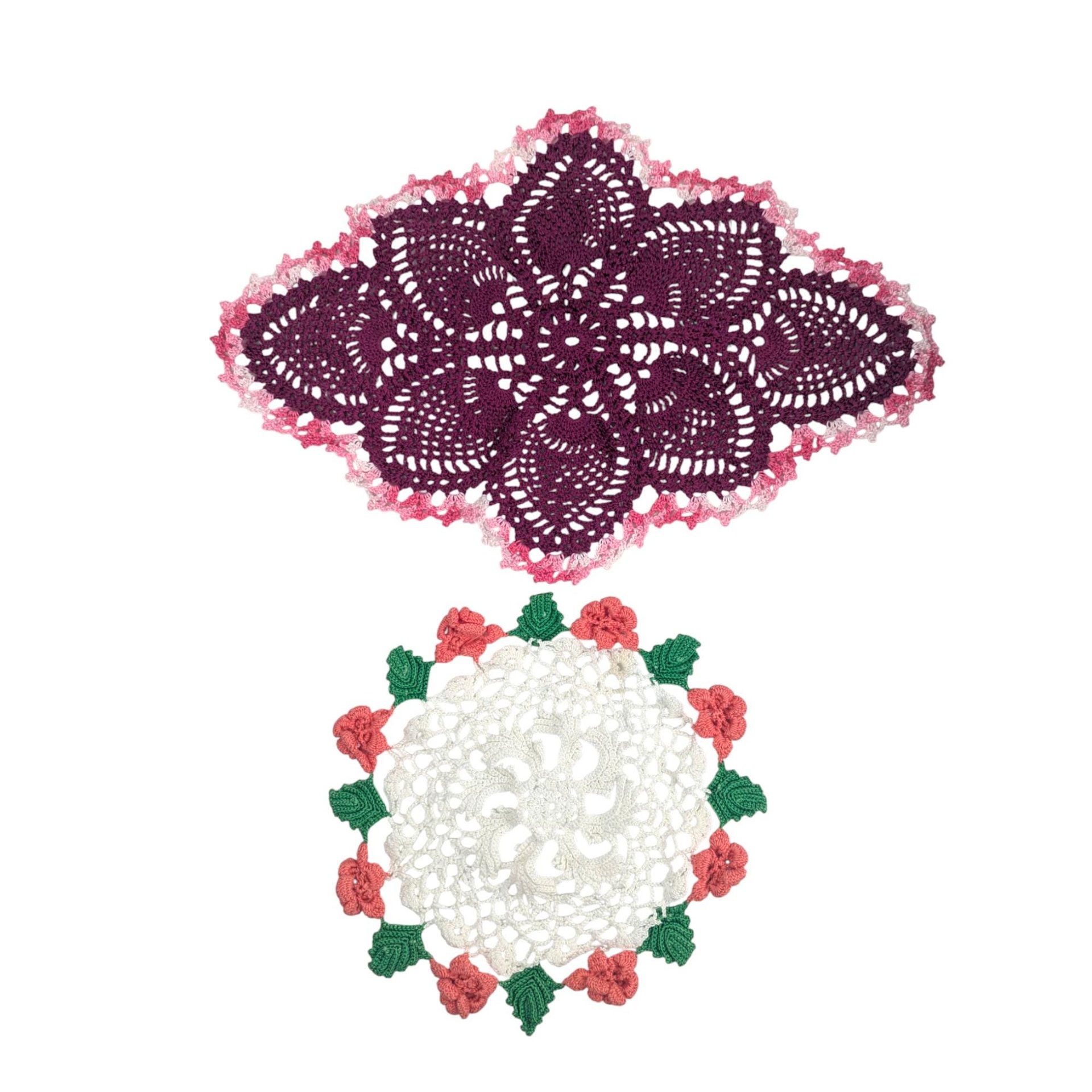 Vintage Handmade Burgundy and Rose White Crochet Doily Set