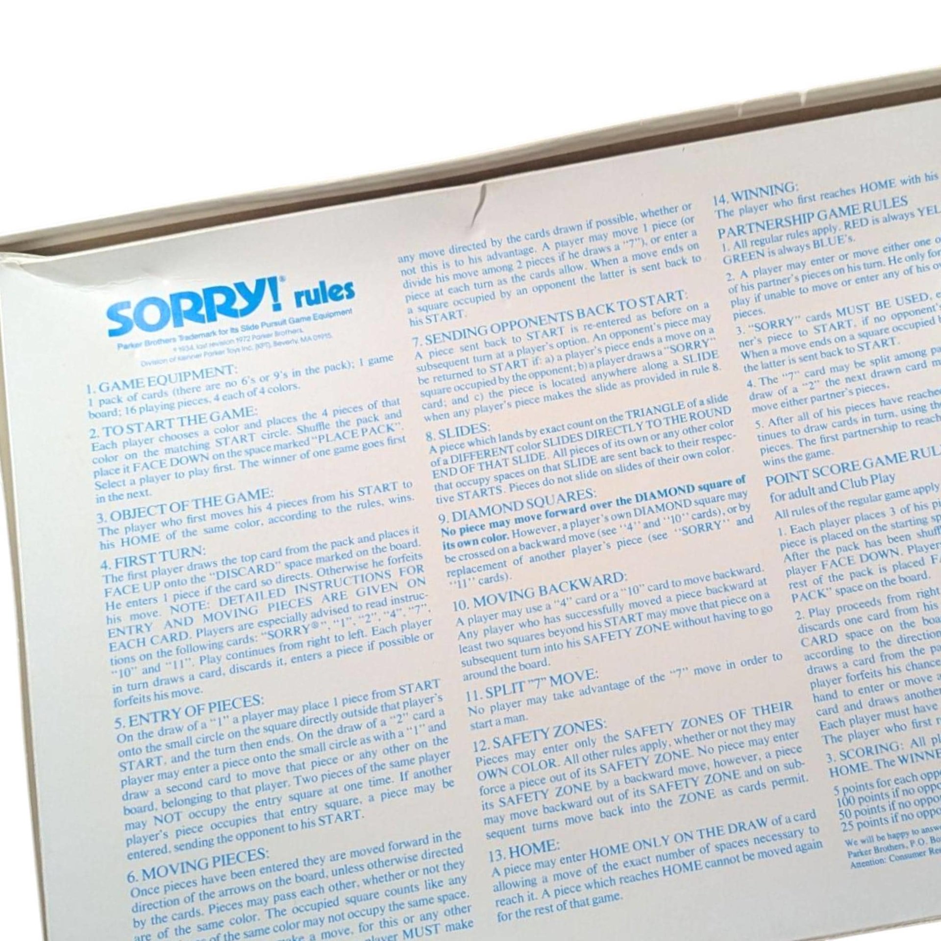 1972 Sorry Board Game Parker Brothers