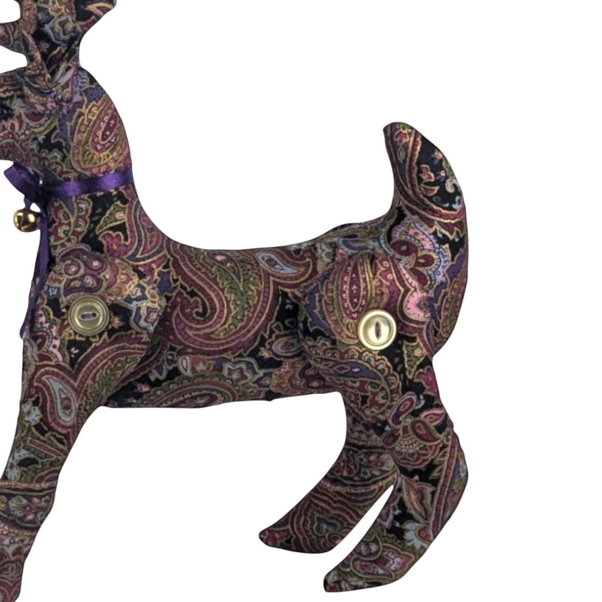 Vintage Paisley Plush Reindeer Figure – Boho Button Jointed Fabric Deer