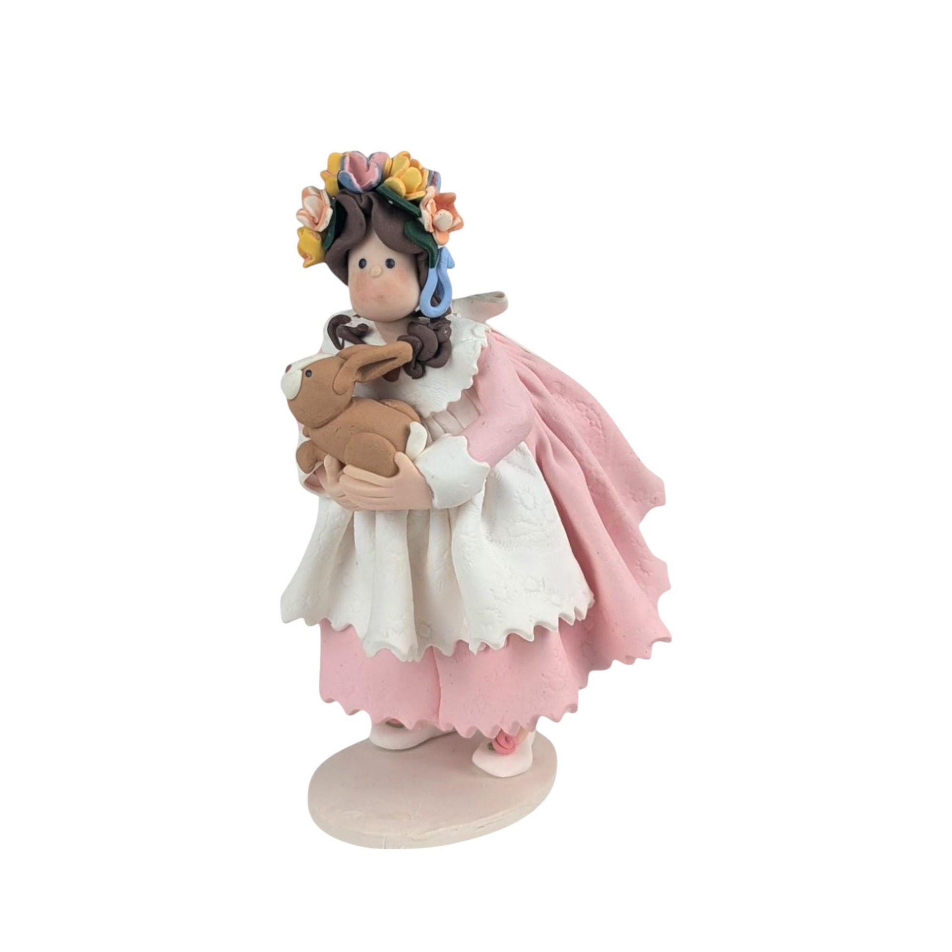 Vintage Handmade Clay Girl with Bunny Figurine