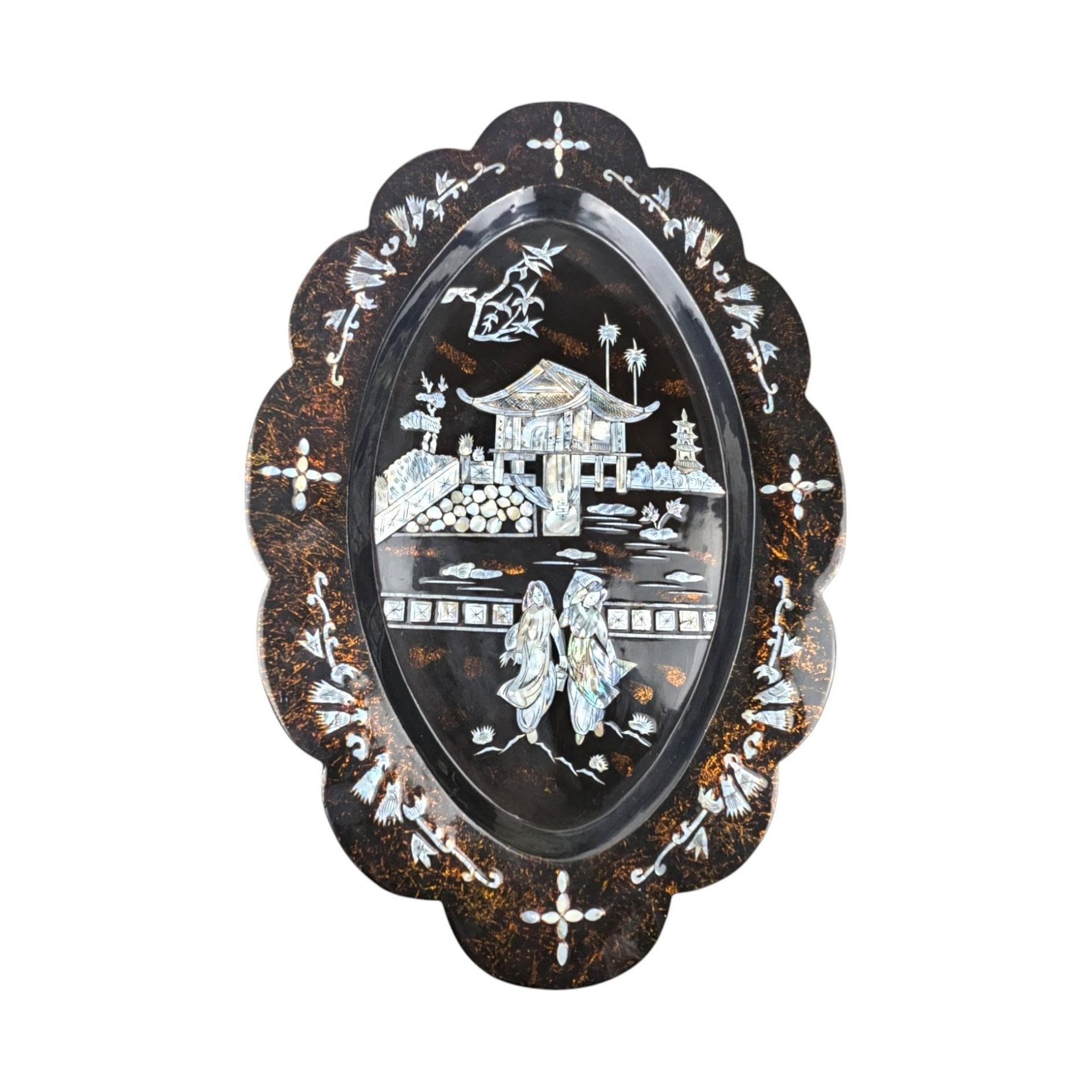 Vintage Asian Black Lacquer Mother of Pearl Inlaid Wall Plaque